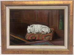 1850er Jahre VIctorian Englisches Ölgemälde Weißer Hund schlafender auf Kissen Interieur
