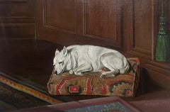 1850's VIctorian English Oil Painting White Dog Sleeping on Cushion Interior