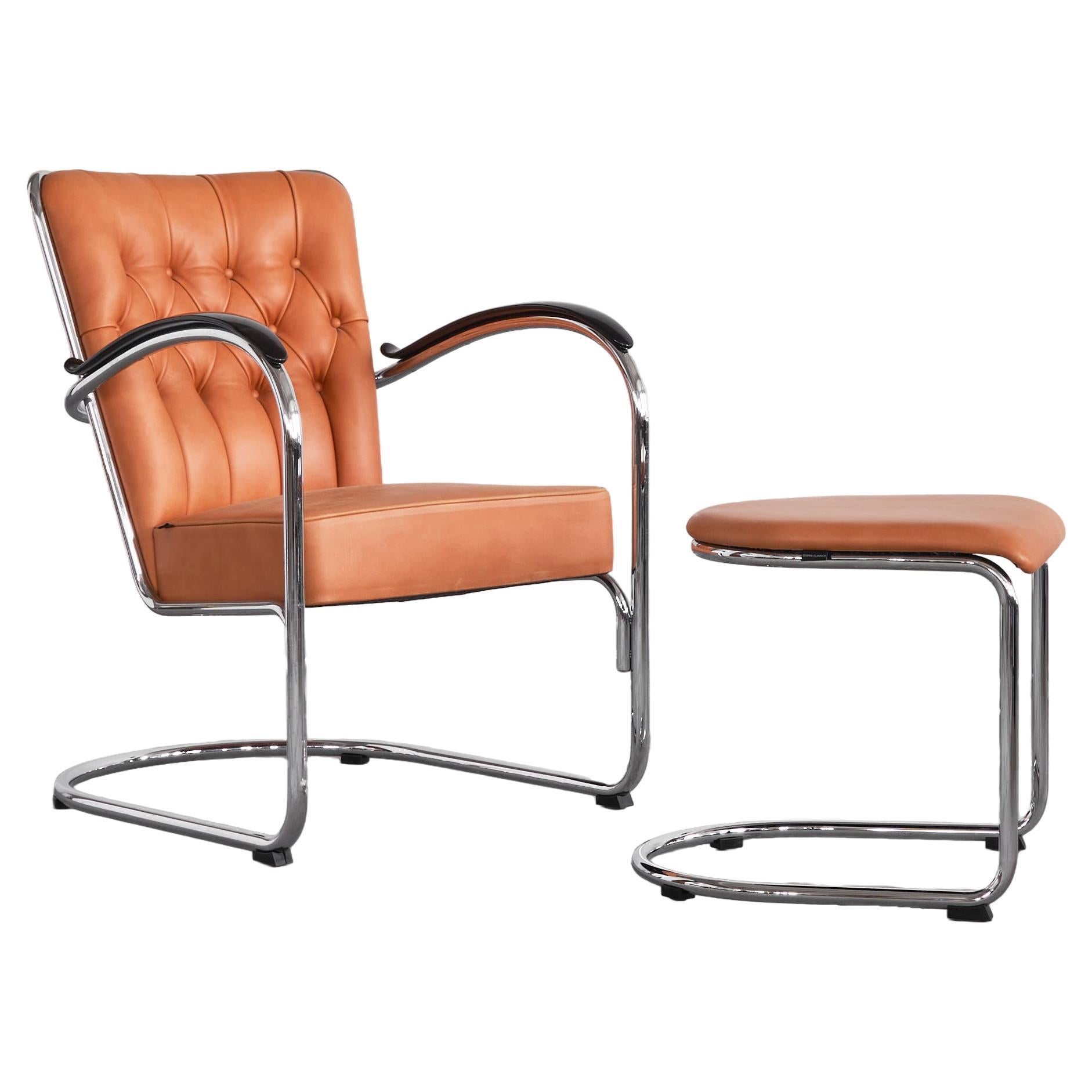 W. H. Gispen 412SGE in Chrome and Padded Leather with Ottoman