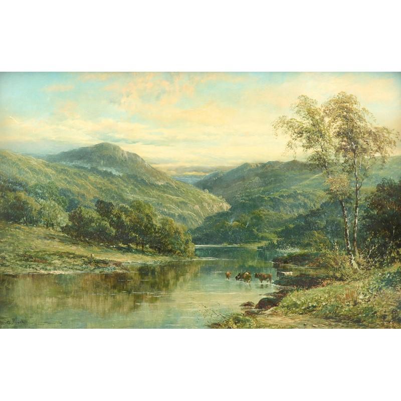 W. H. Reed Landscape Painting - Very Large Scottish Victorian Oil Painting Highland Landscape Cattle in River