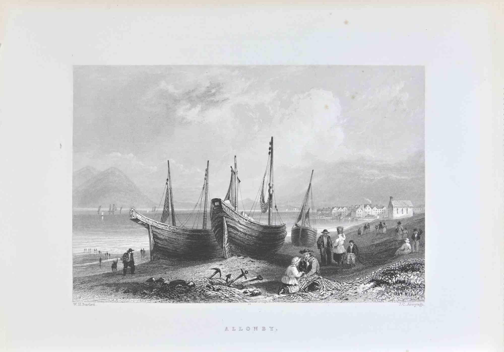 Allonby is an etching realized in 1845 by W. H.Bartlett.

Signed on the plate. 

Titled on the lower center.

Good conditions with slight foxing.

The artwork is beautifully realized in a well-balanced composition through short, deft strokes.