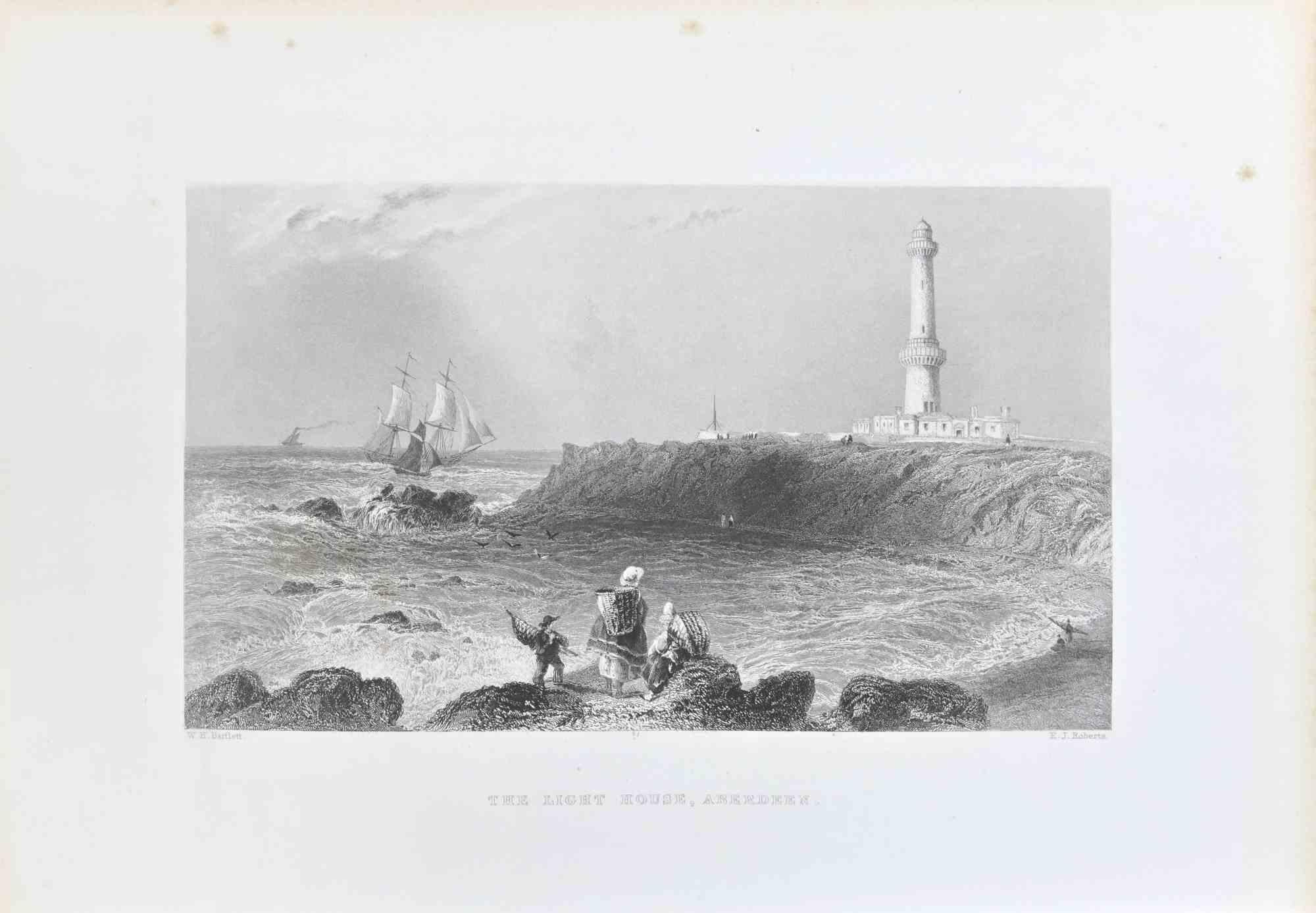 The Light House, Aberdeen - Etching by W. H.Bartlett - 1845