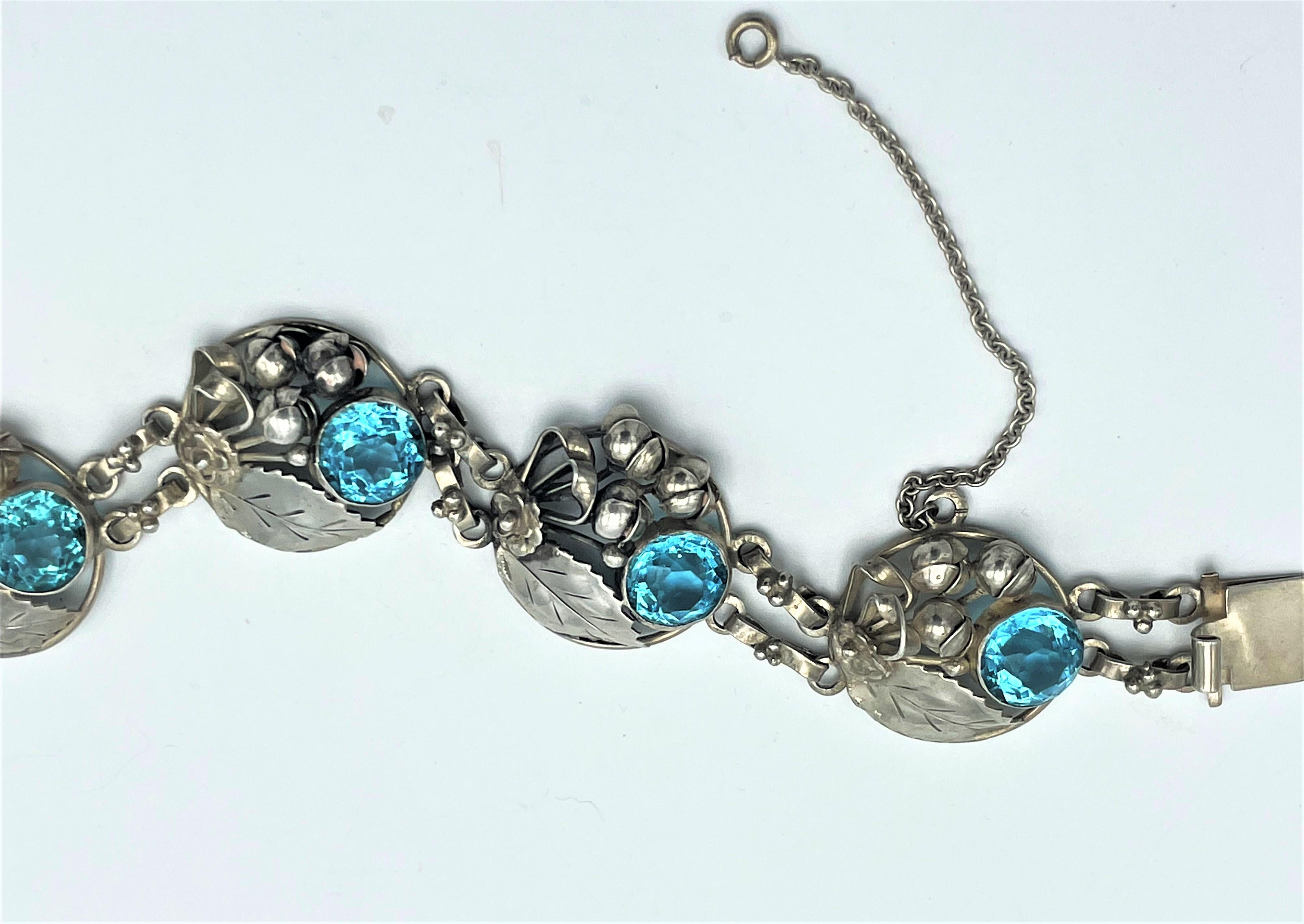 Women's W.  Hobè of NY Sterling Silver Bracelet with aqua cut rhinestones, USA 1940s  For Sale