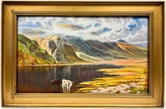 Antique Scottish Signed Oil Painting, Cattle Watering in Highland Loch Scene
