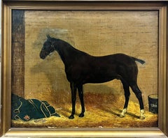 Tableau de cheval victorien à l'huile dans un intérieur de écurie signé et daté de 1893