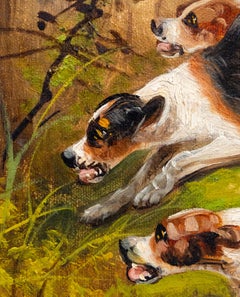 20th Century English Fox Hunting Scene Oil Painting with Hounds and Riders in Gi
