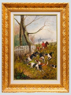 20th Century English Fox Hunting Scene Oil Painting with Hounds and Riders in Gi