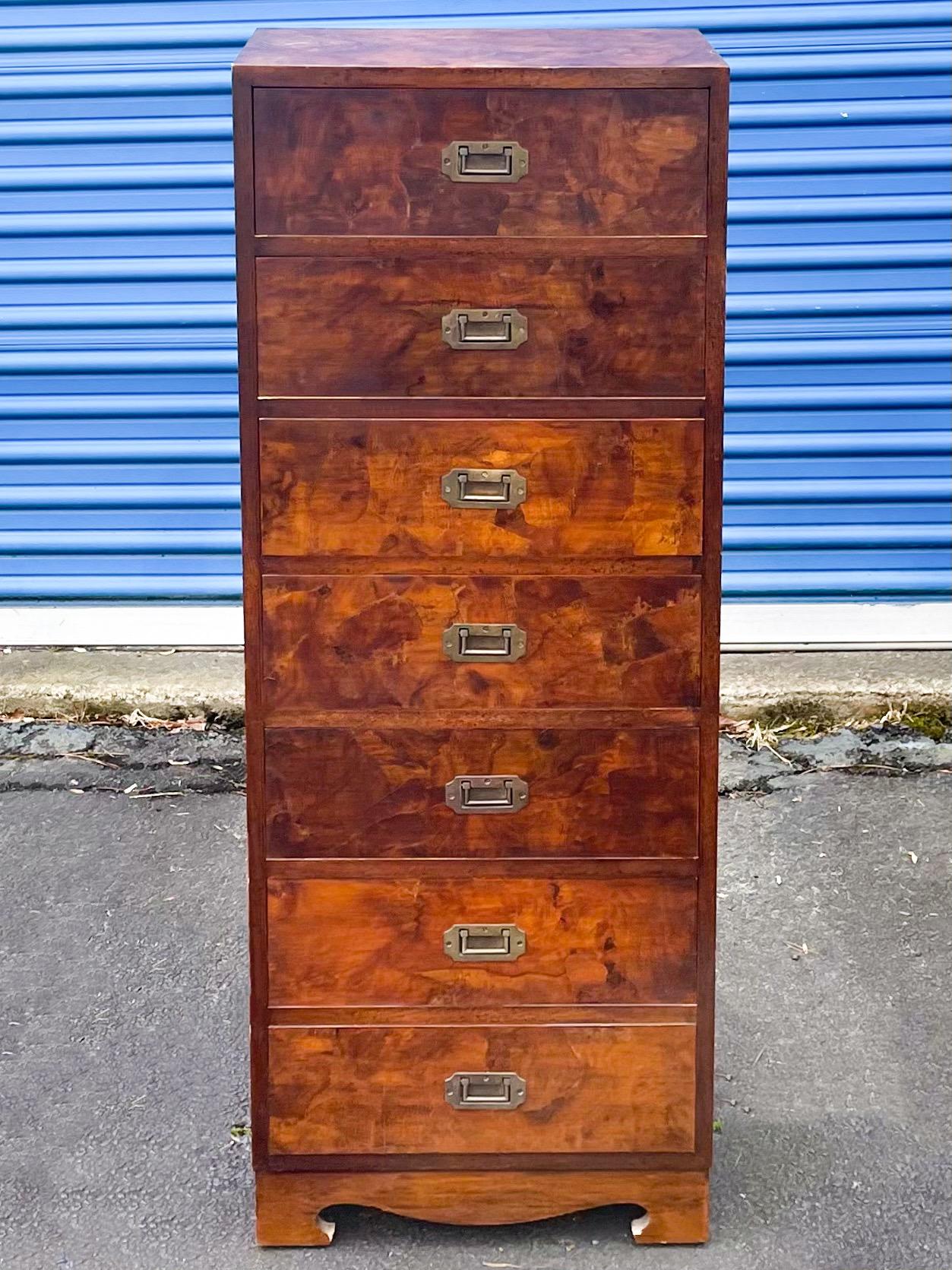 This is a handsome piece! It is an Italian burl wood semanier by W. & J. Sloane out of New York. It has Regency campaign styling. The chest is marked.