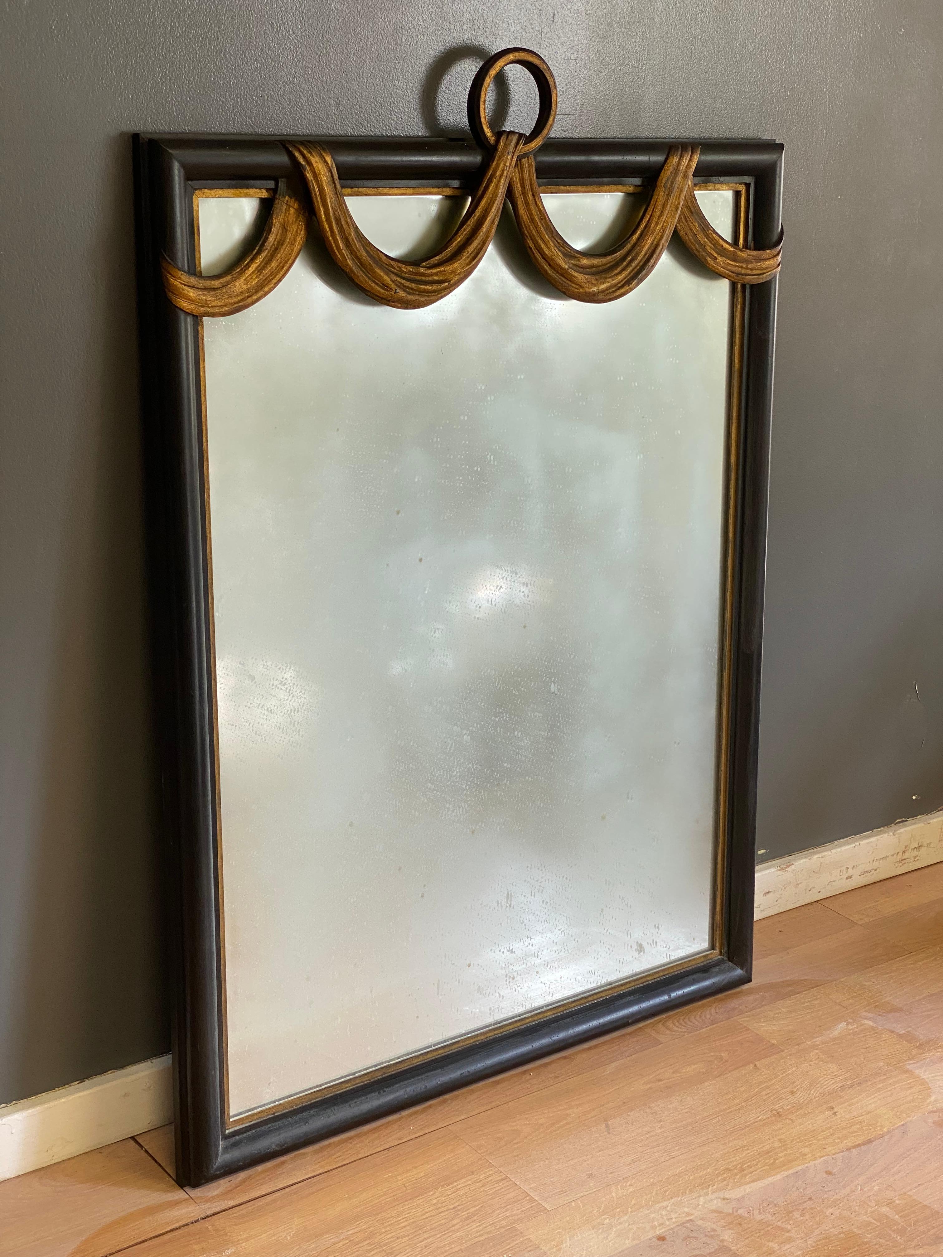 W. & J. Sloane Hollywood Regency Ebonized and Parcel Gilt Swag Wall Mirror 1