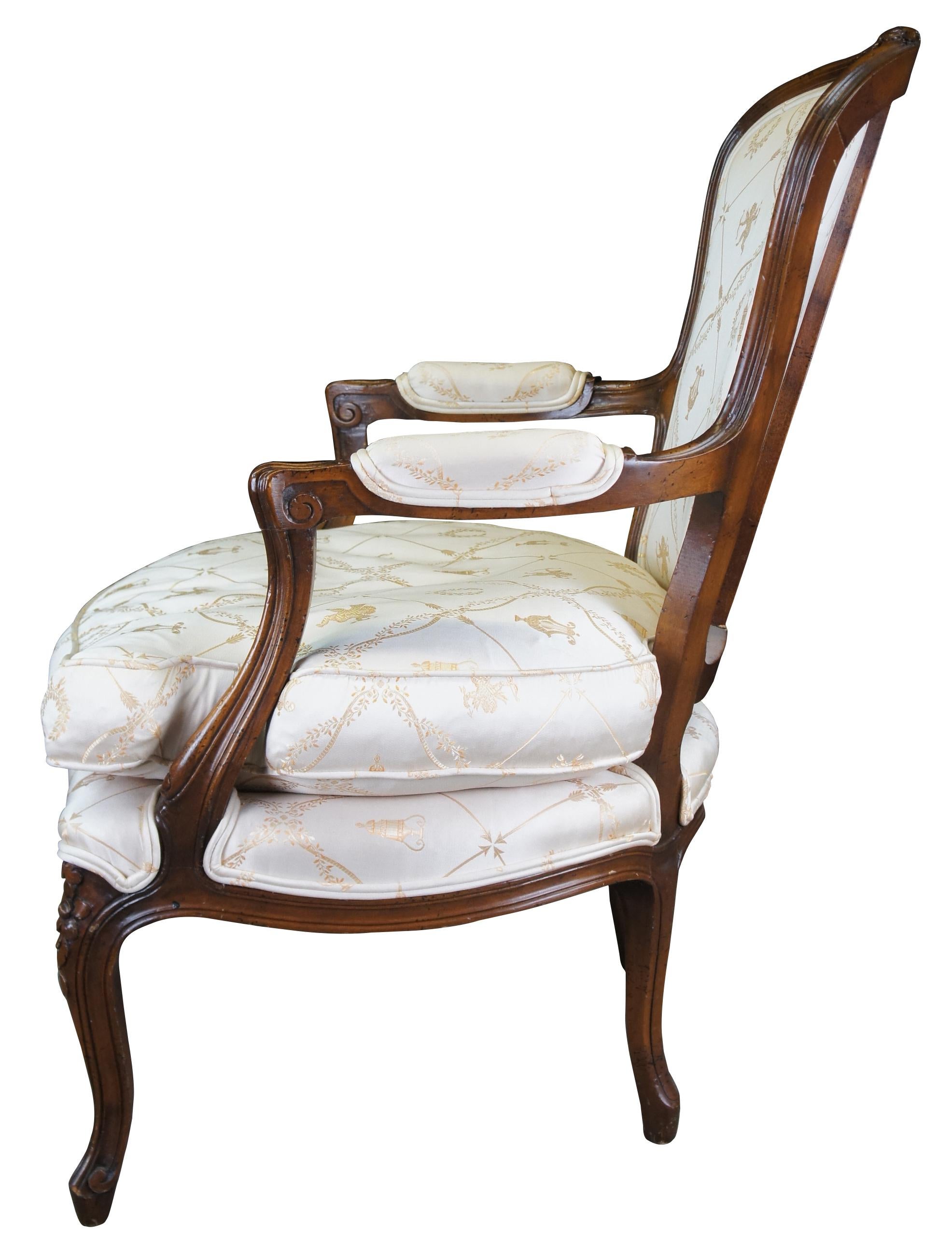 W & J Sloane Mid Century French Walnut Louis XV Fauteuil Arm Chair Downfill Seat In Good Condition For Sale In Dayton, OH