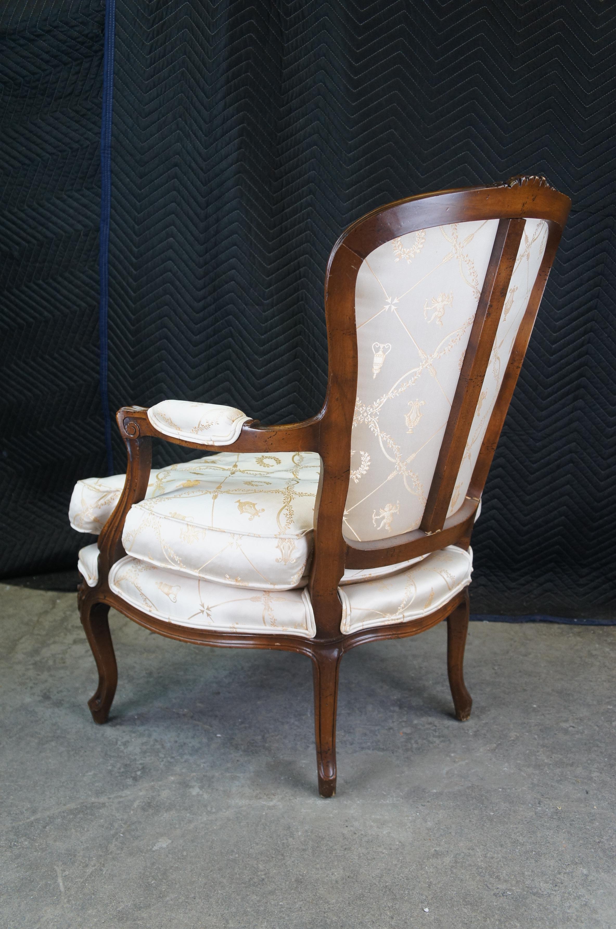 20th Century W & J Sloane Mid Century French Walnut Louis XV Fauteuil Arm Chair Downfill Seat For Sale