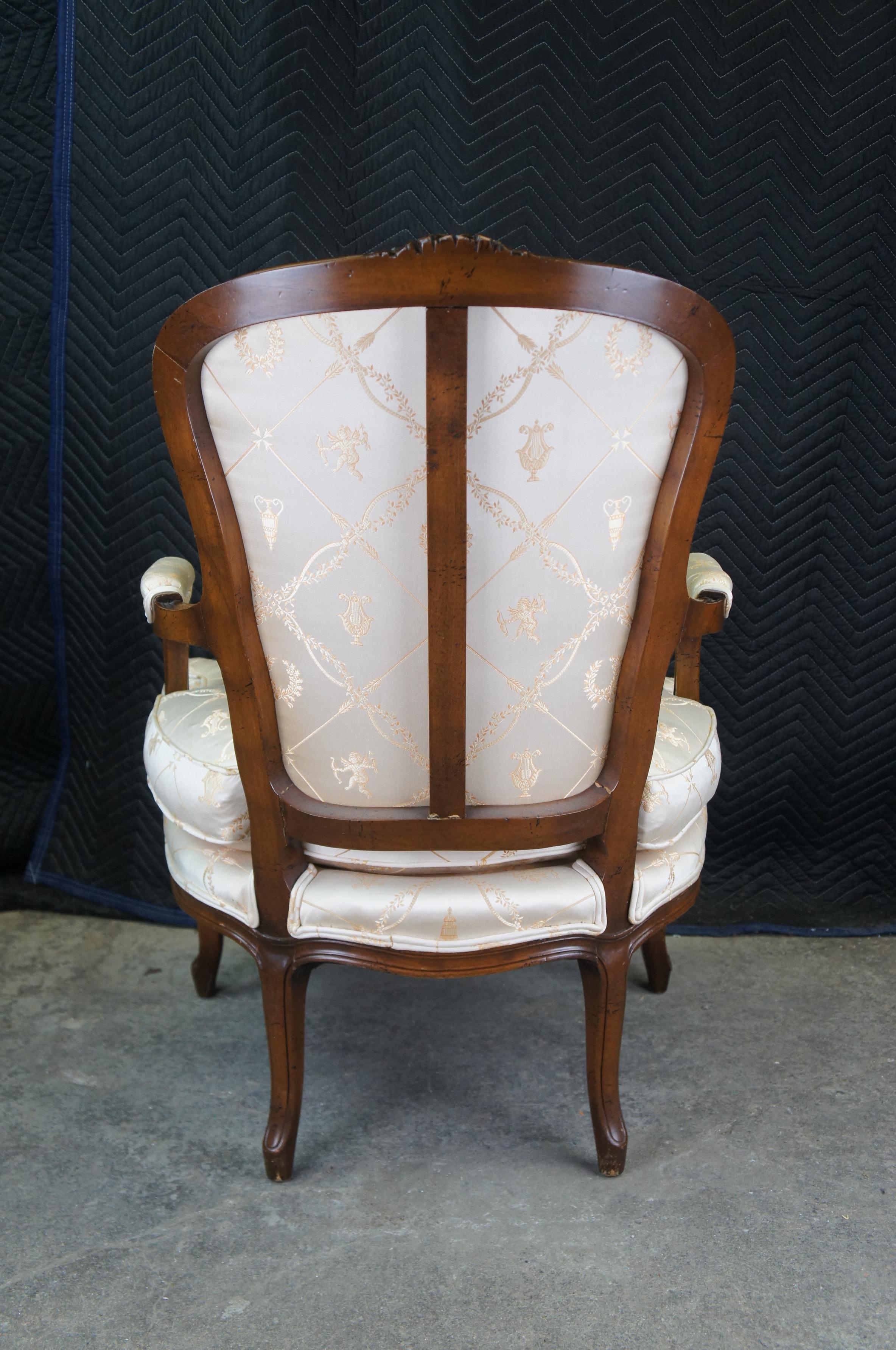 Fabric W & J Sloane Mid Century French Walnut Louis XV Fauteuil Arm Chair Downfill Seat For Sale
