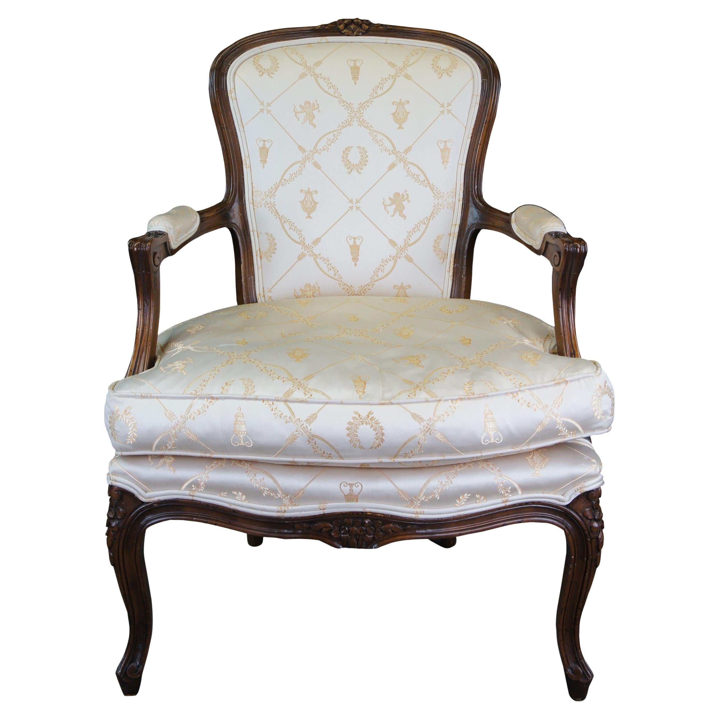 W & J Sloane Mid Century French Walnut Louis XV Fauteuil Arm Chair Downfill Seat For Sale