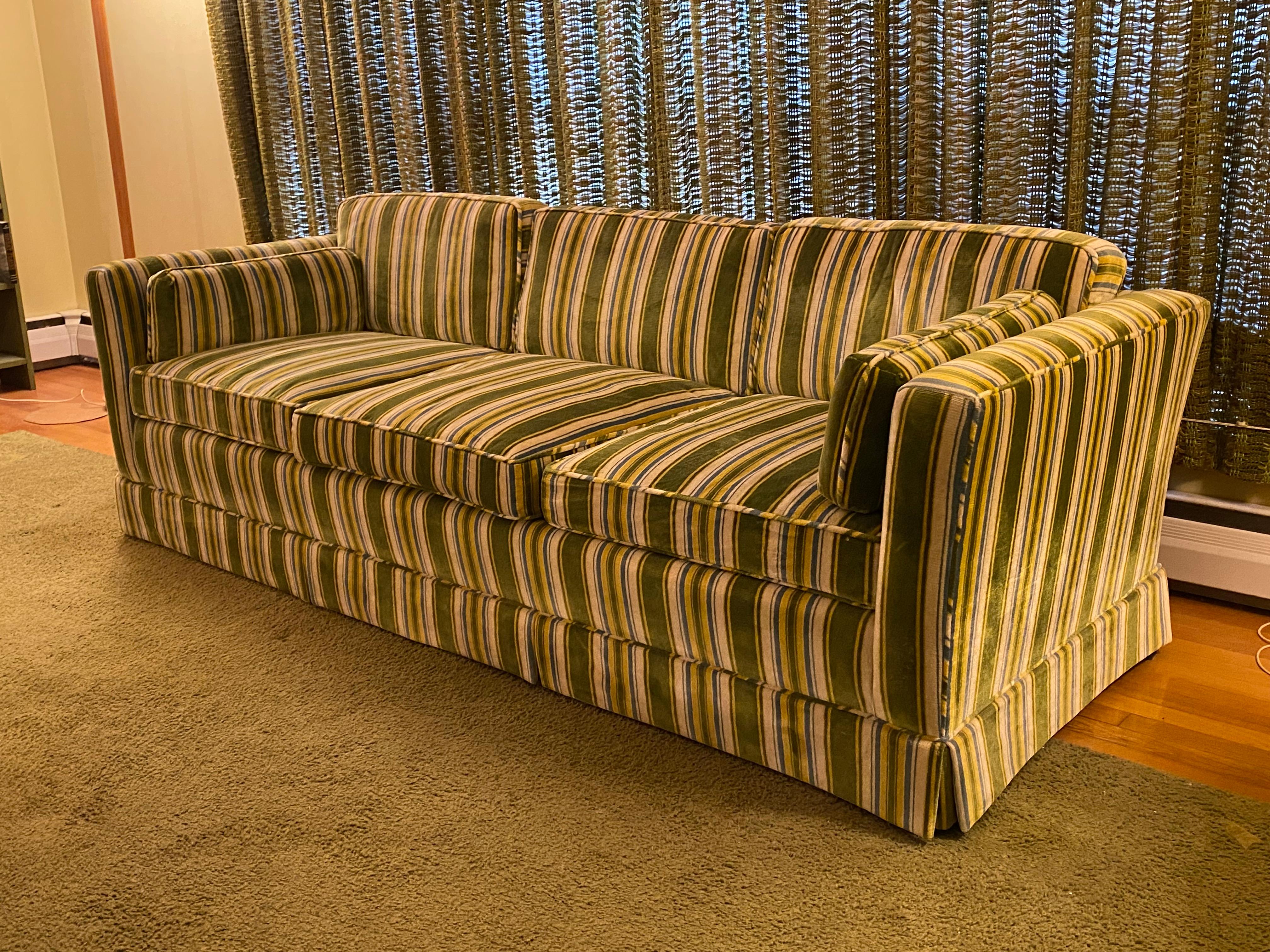 Three seater velvet upholstered sofa retail at W. & J. Sloane of New York. Comfortable, clean and room ready traditional sofa. Original velvet upholstery. Structurally sound and sturdy. The cushioning is in very good condition. Lovingly used and