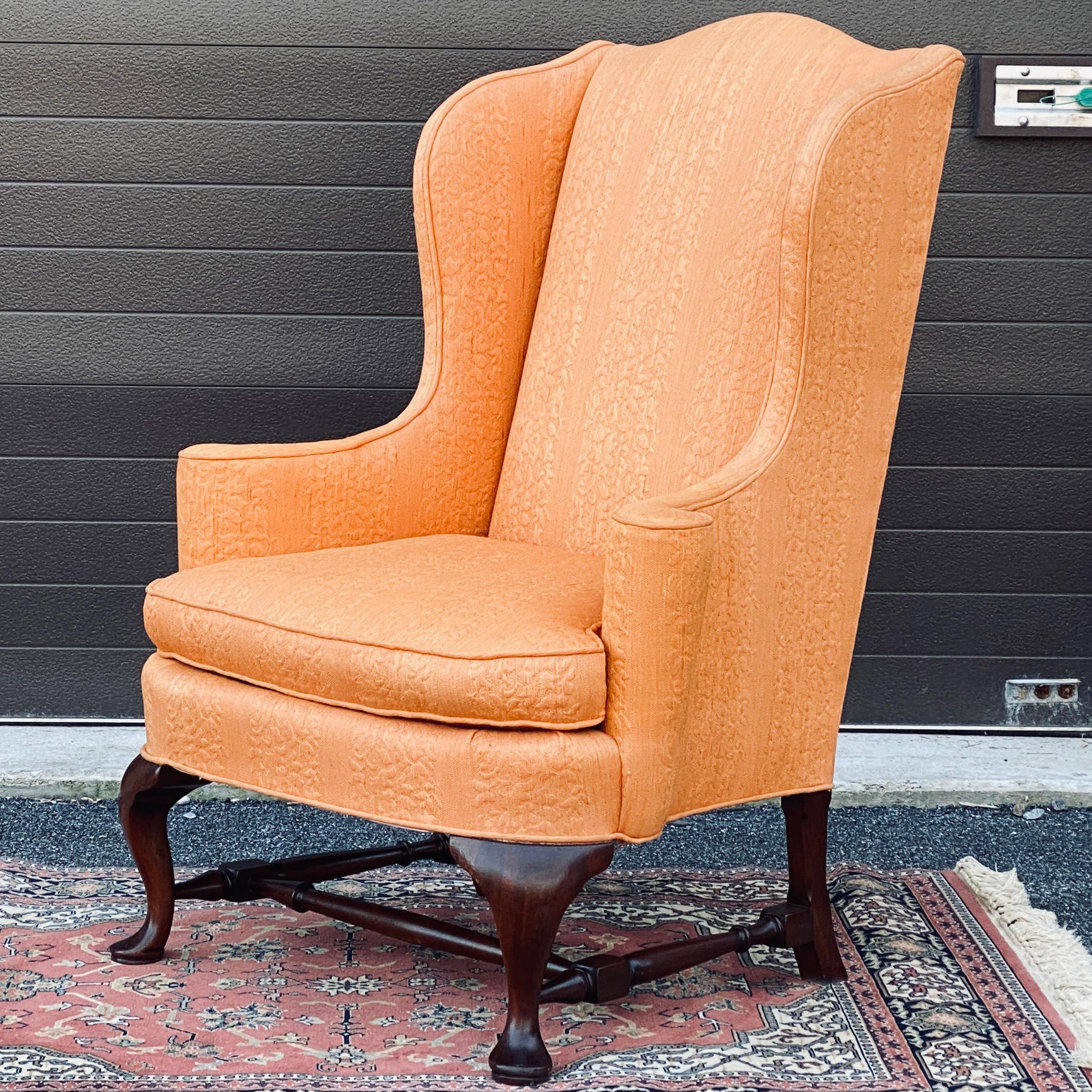 W. & J. Sloane Orange Jacquard Mahogany Wingback Chair For Sale 3