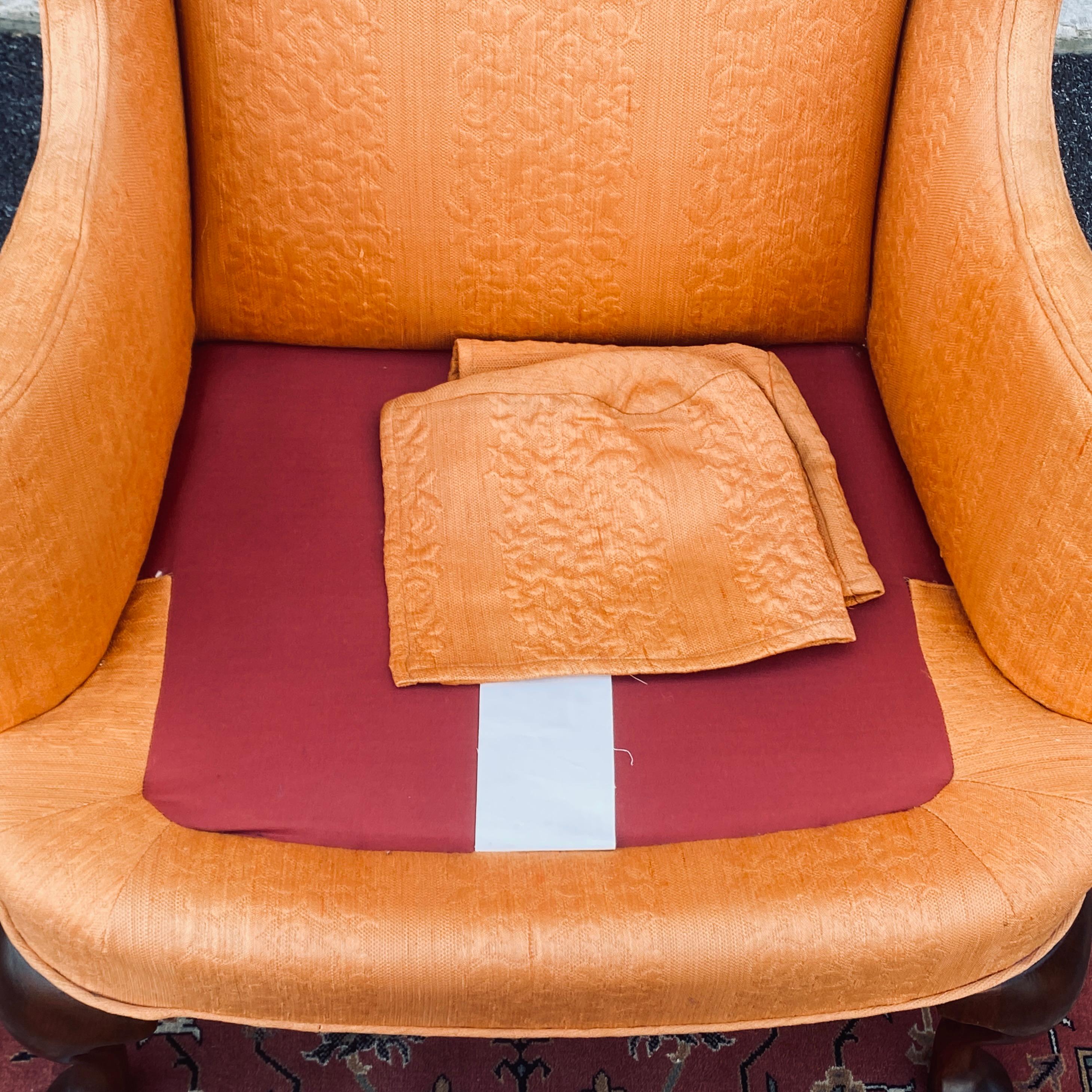 American W. & J. Sloane Orange Jacquard Mahogany Wingback Chair For Sale