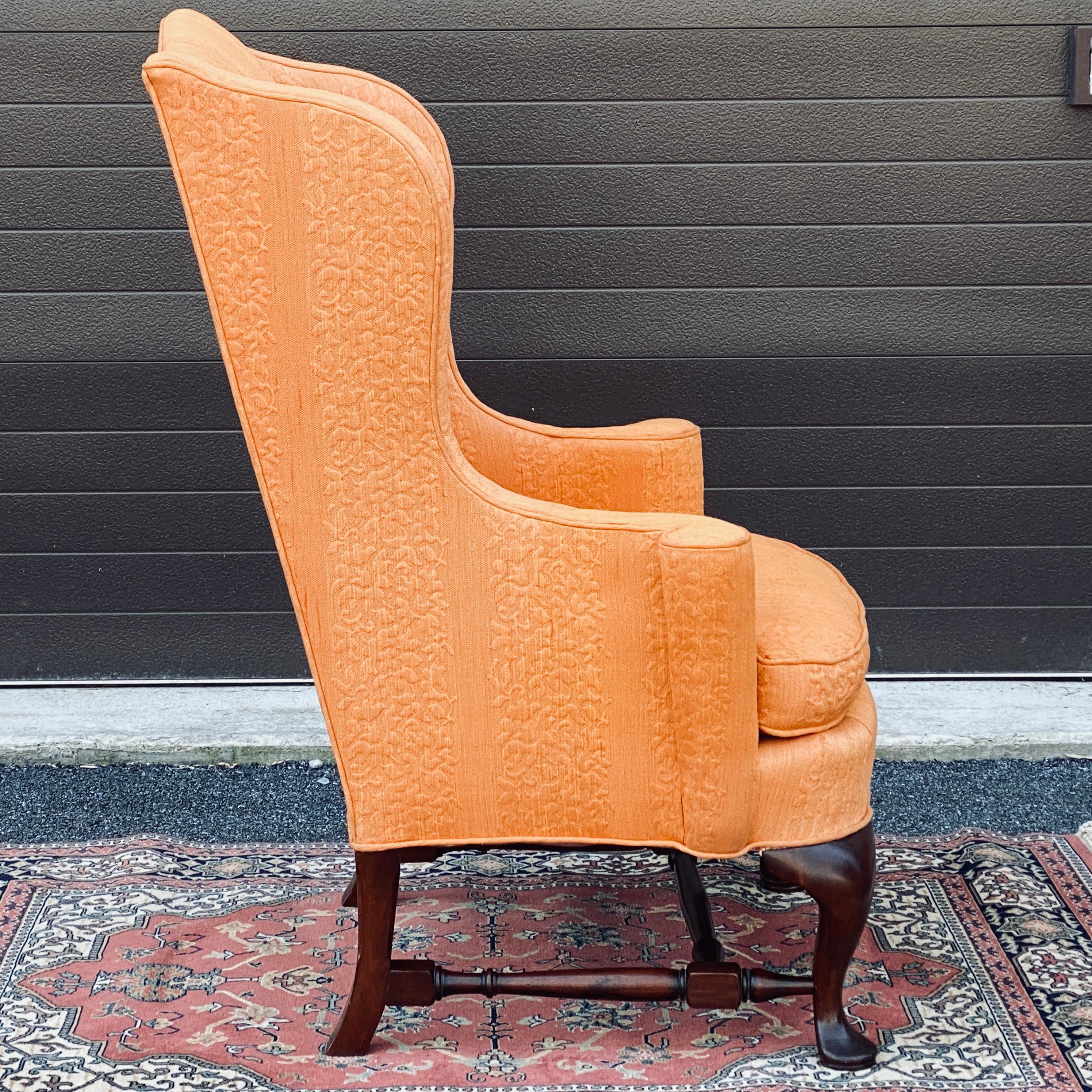 W. & J. Sloane Orange Jacquard Mahogany Wingback Chair For Sale 1