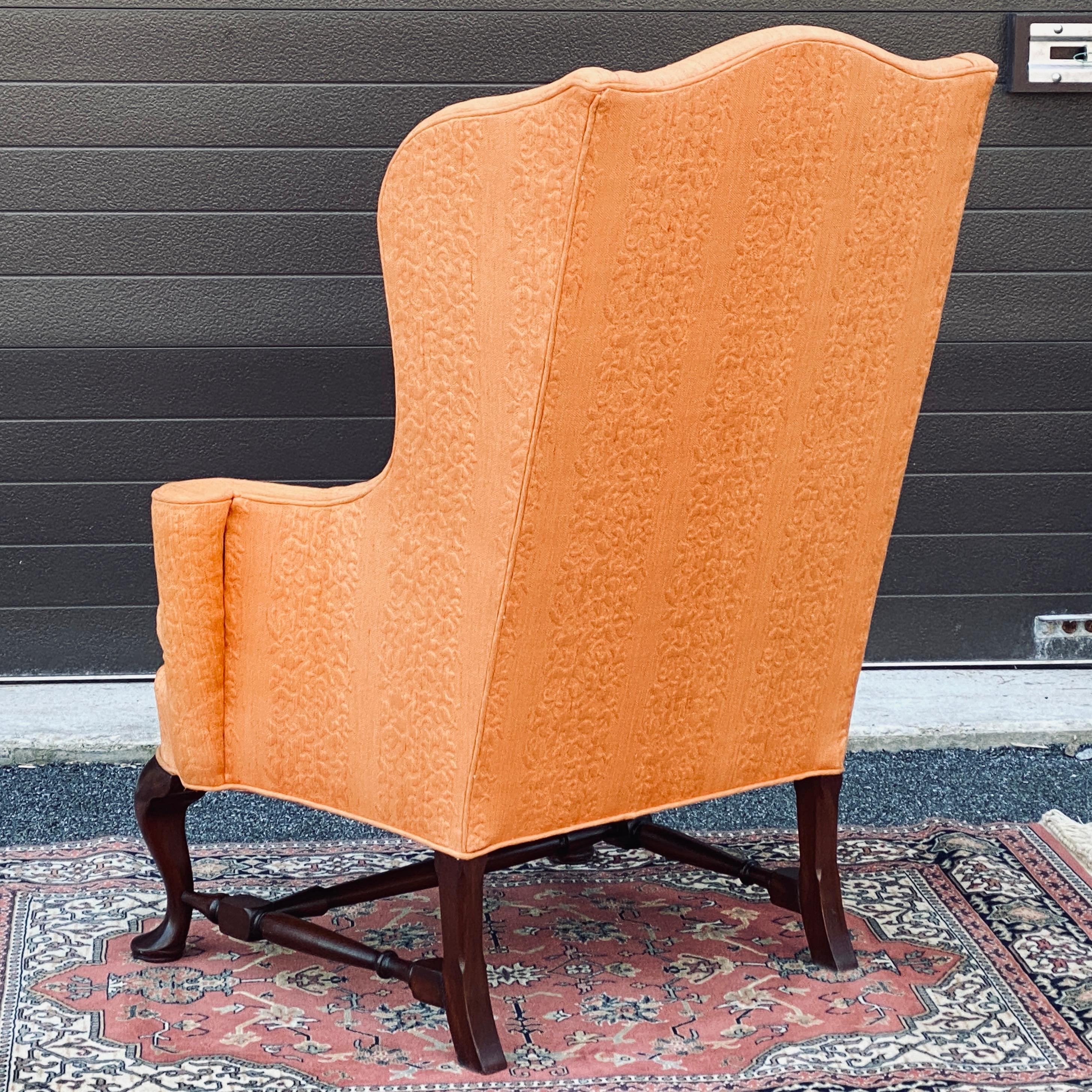W. & J. Sloane Orange Jacquard Mahogany Wingback Chair For Sale 2