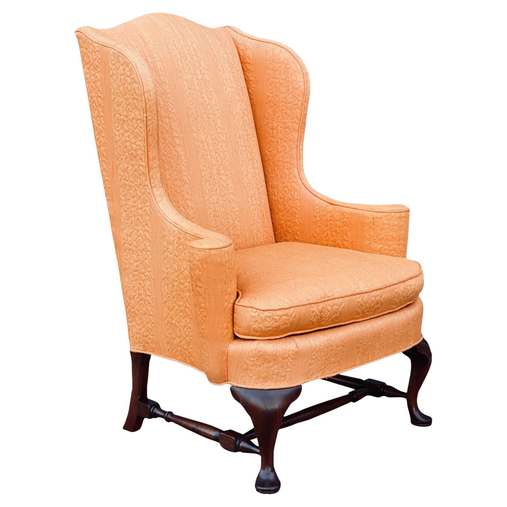 W. & J. Sloane Orange Jacquard Mahogany Wingback Chair For Sale