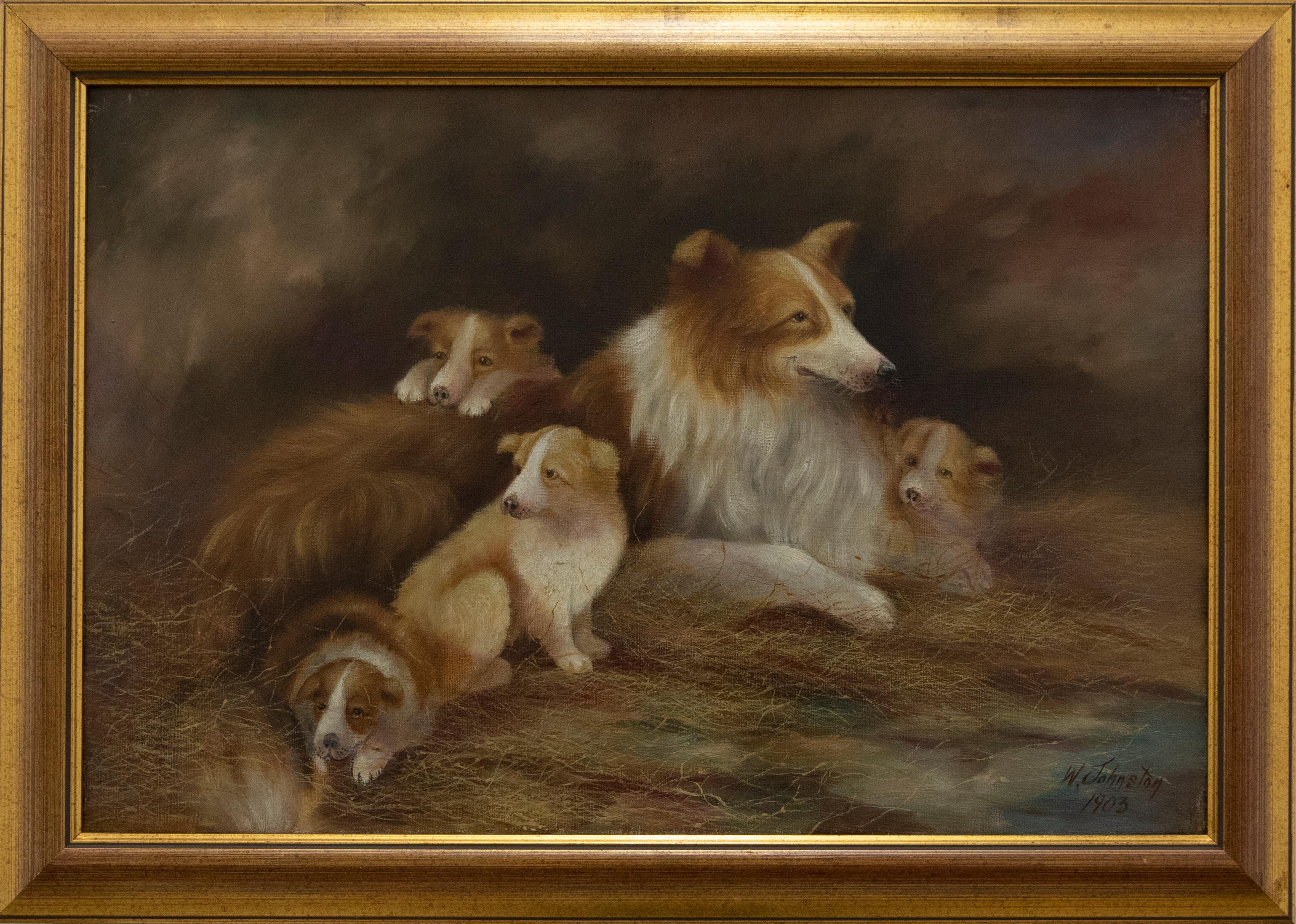 A charming turn of the Century study of a Border Collie and her litter of pups. Clambering over their mother on a barn floor, these puppies look to be settling into their introduction to farm life. Signed and dated to the lower right. Presented in a