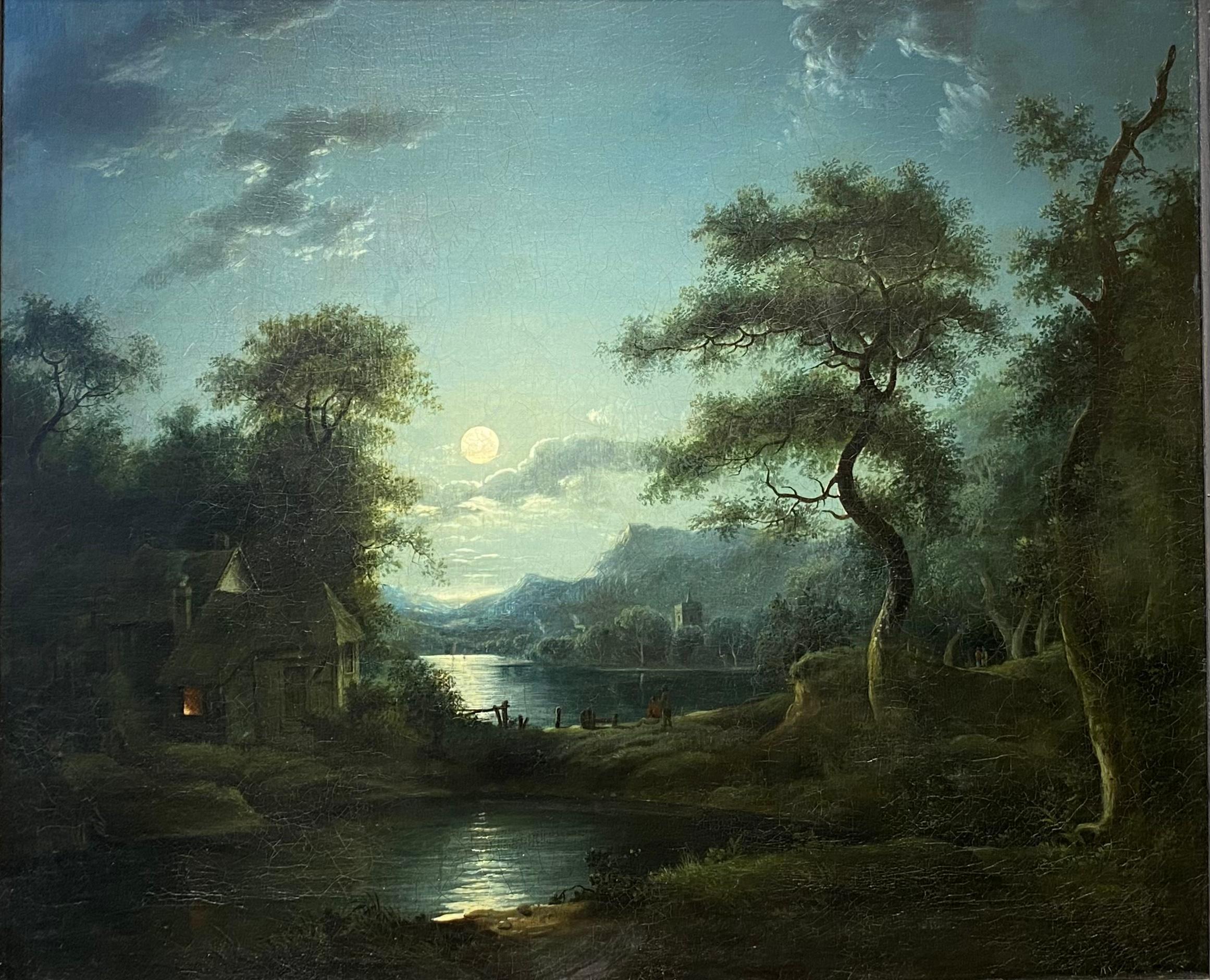 W. Knock Landscape Painting - Evening Calm Nocturne Original Victorian Oil Painting
