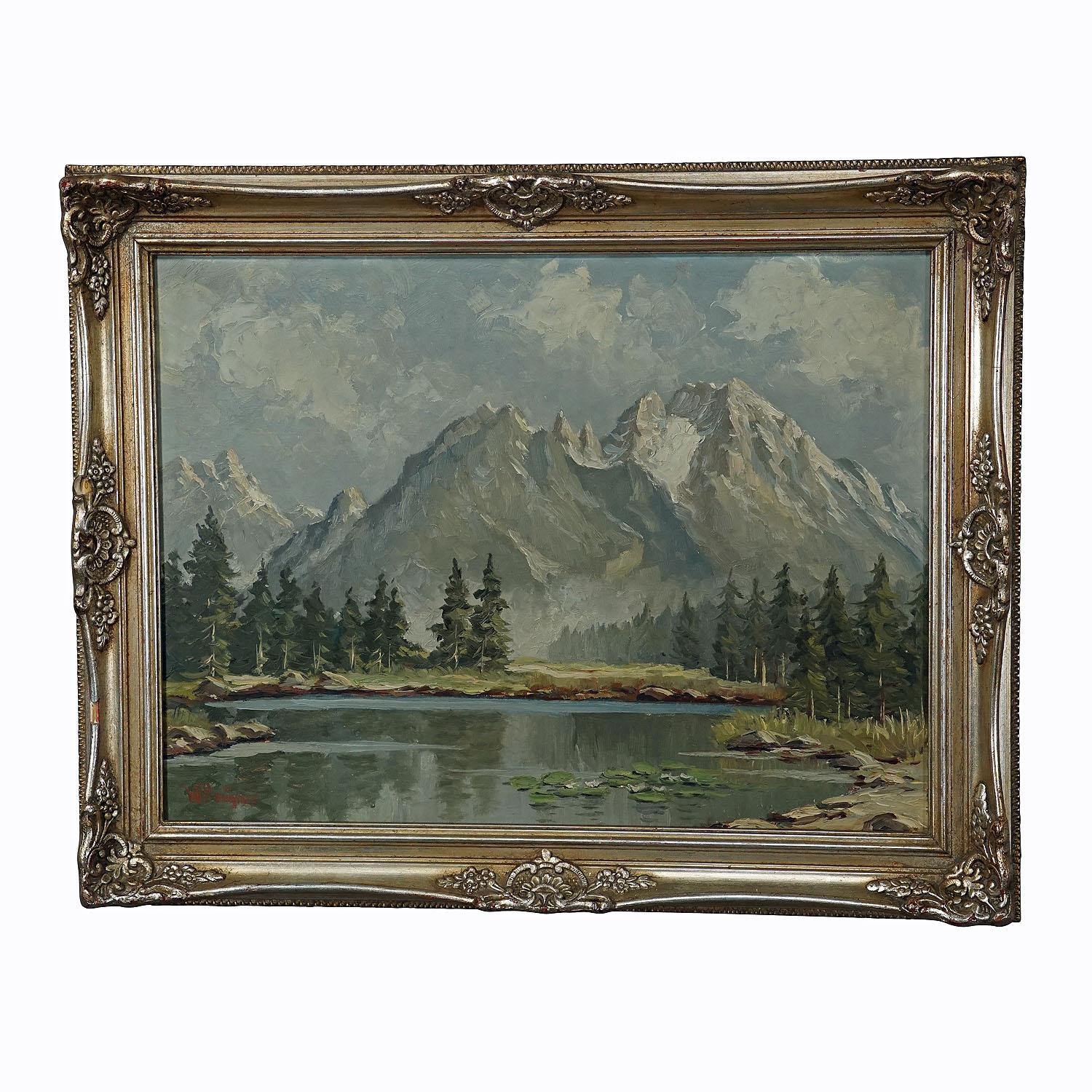 W. Kruegner- summerly high mountain landscape with alpine Lake and Watzmann.

An impressionistic oil painting depicting a high mountain landscape with mountain see in front of the Watzmann. Oil painting on board with pastell colors. Painted by W.
