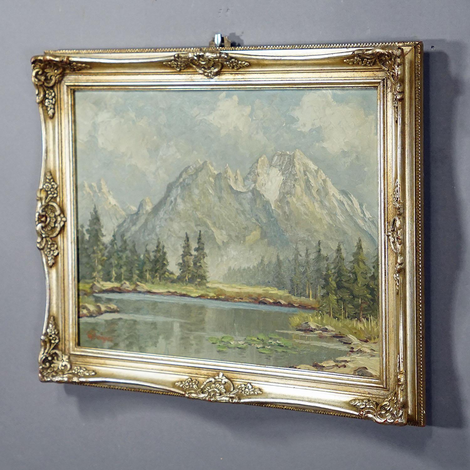 Biedermeier W. Kruegner, Summerly High Mountain Landscape with Alpine Lake and Watzmann For Sale