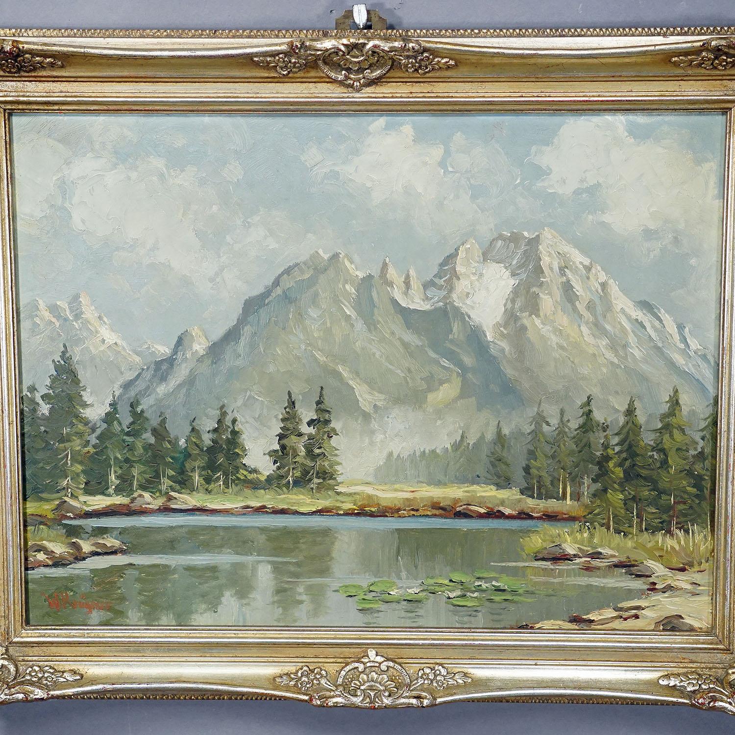 German W. Kruegner, Summerly High Mountain Landscape with Alpine Lake and Watzmann For Sale