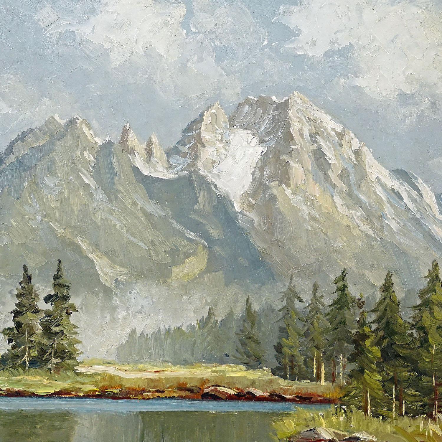 Peint Paysage de montagnes hautes d'été avec lac alpin et Watzmann en vente