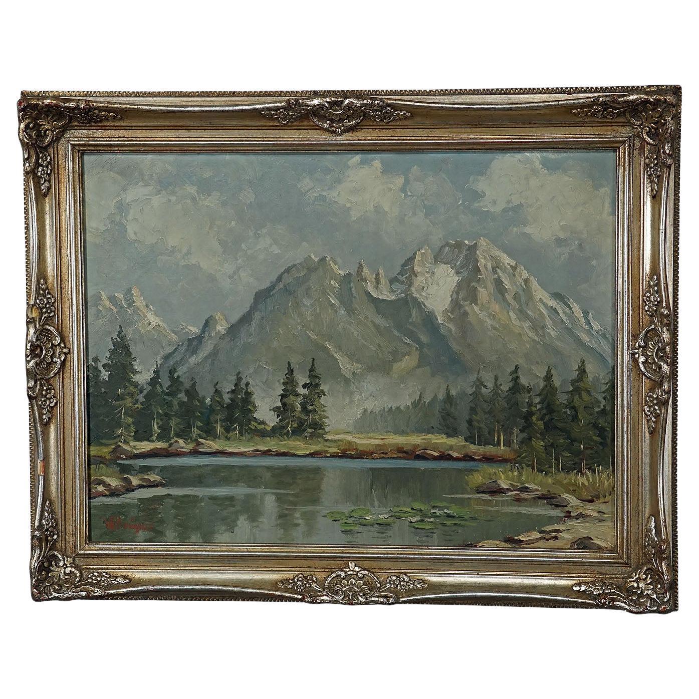 W. Kruegner, Summerly High Mountain Landscape with Alpine Lake and Watzmann