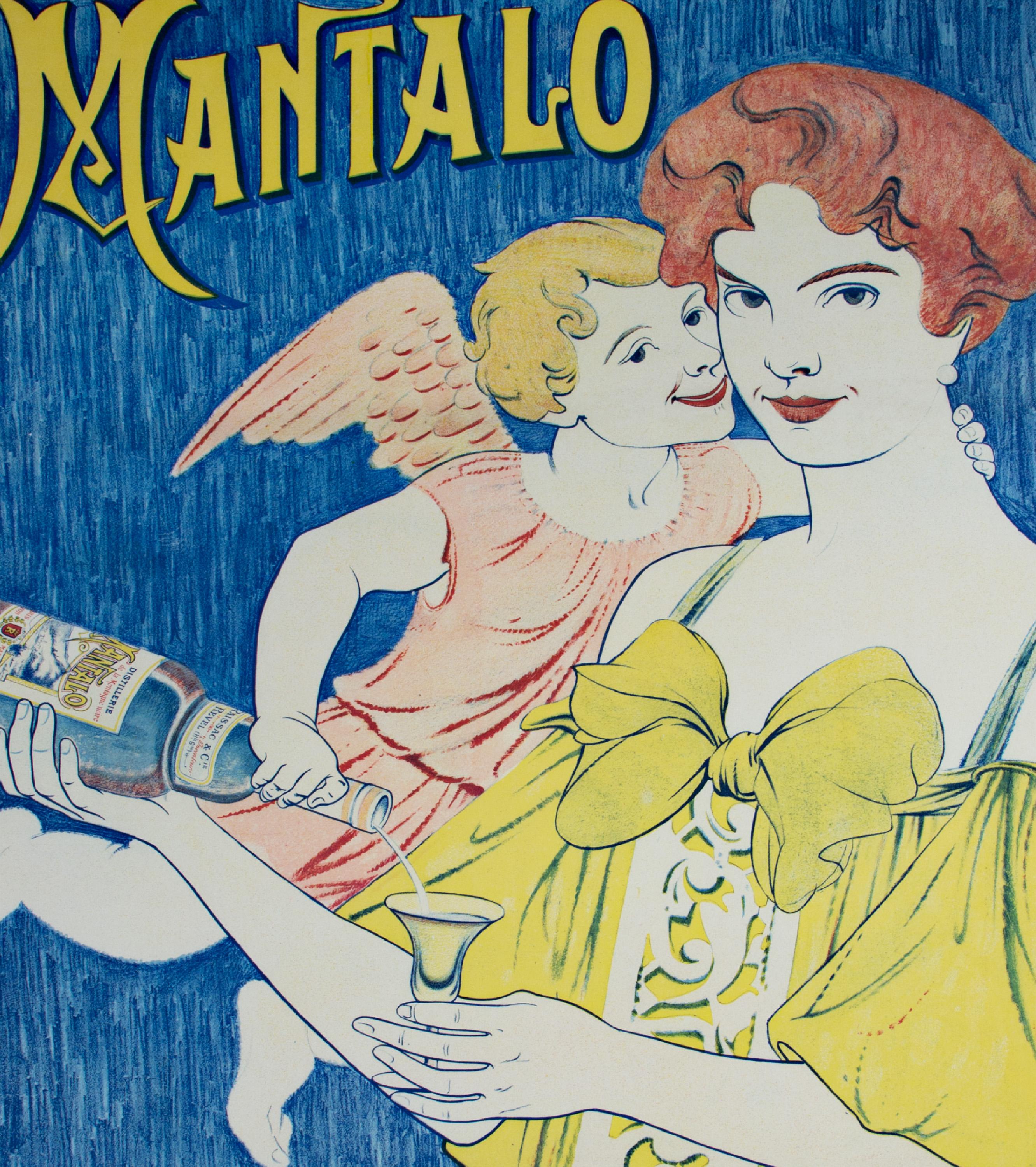 mother with yellow dress and child early 20th century color lithograph poster - Print by W. Lachou