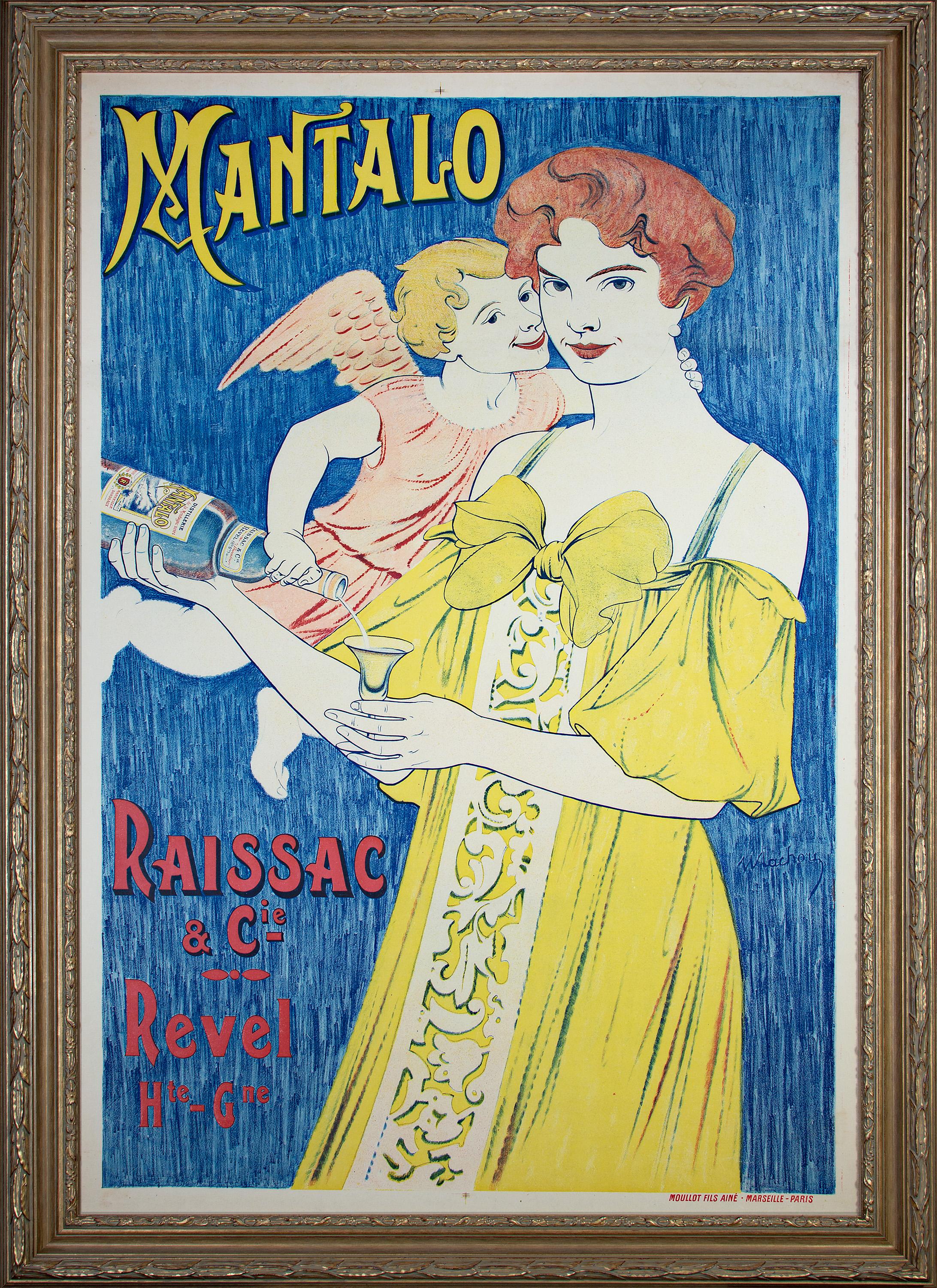 W. Lachou Figurative Print - mother with yellow dress and child early 20th century color lithograph poster