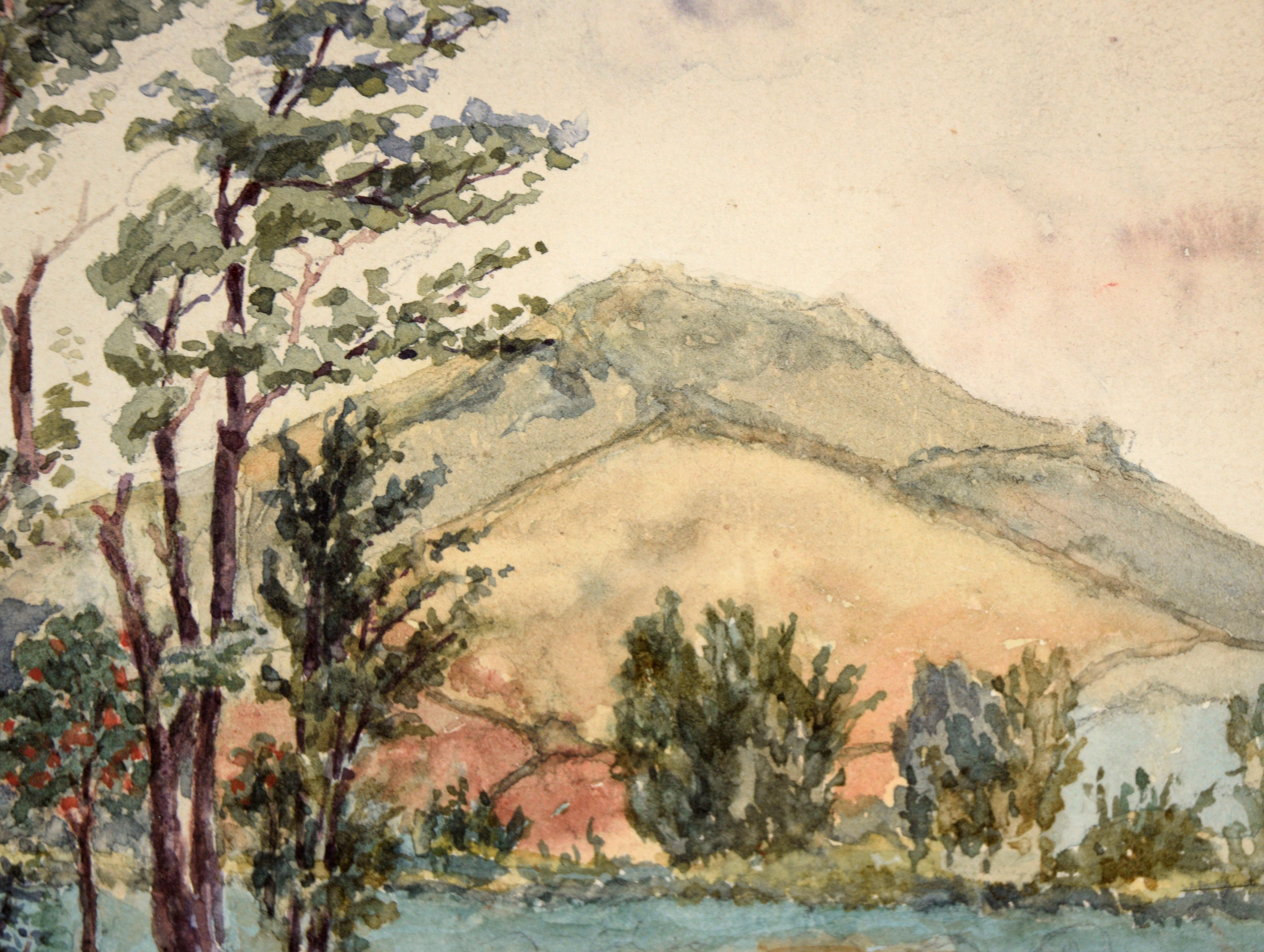 Valle alberata e montagne a West Brighton Staten Island Acquerello 1905

Acquerello dettagliato di W. Lund (XIX secolo). Questo pezzo raffigura una valle con alberi e vegetazione rigogliosa, con le montagne sullo sfondo. All'estremità sinistra c'è