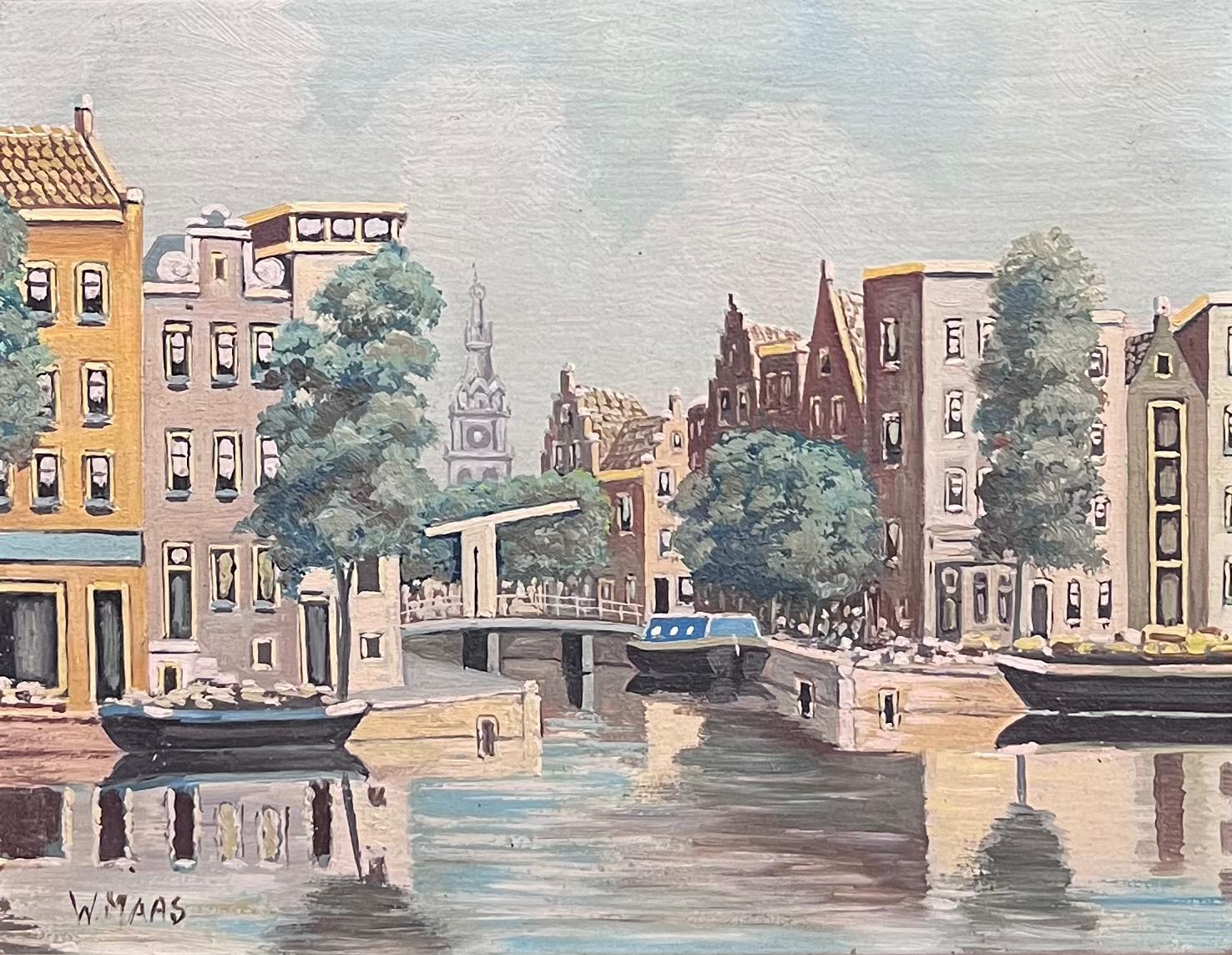 Canal View in Amsterdam Tranquil Cityscape Niederländische Schule, signiertes Ölgemälde – Painting von W. Maas