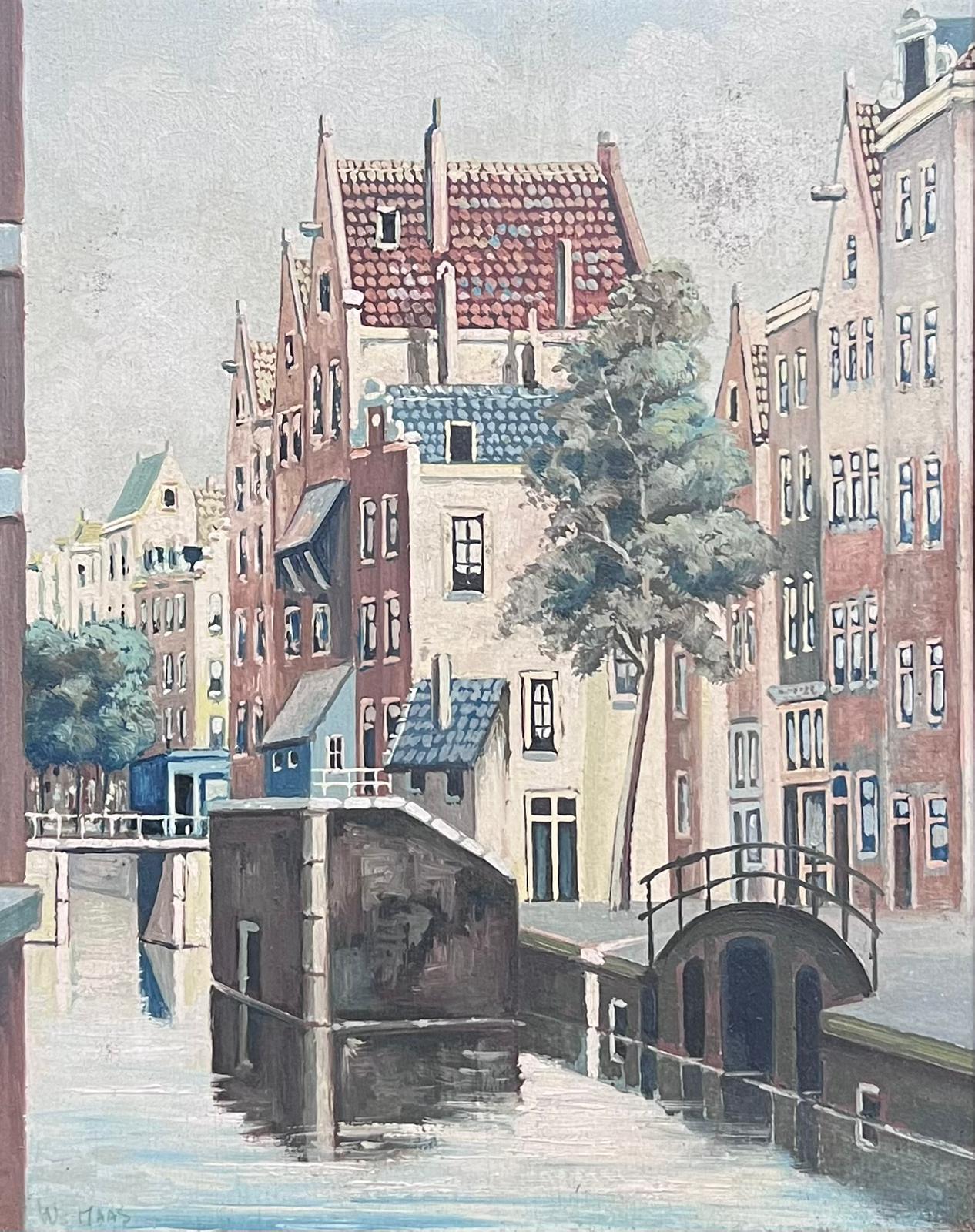 Canal View in Amsterdam Tranquil Cityscape Niederländische Schule, signiertes Ölgemälde – Painting von W. Maas