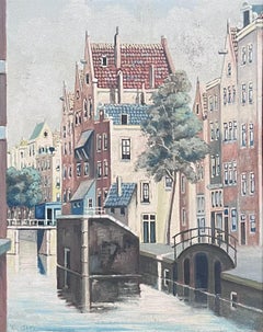 Canal View in Amsterdam Tranquil Cityscape Dutch School Signed Oil Painting