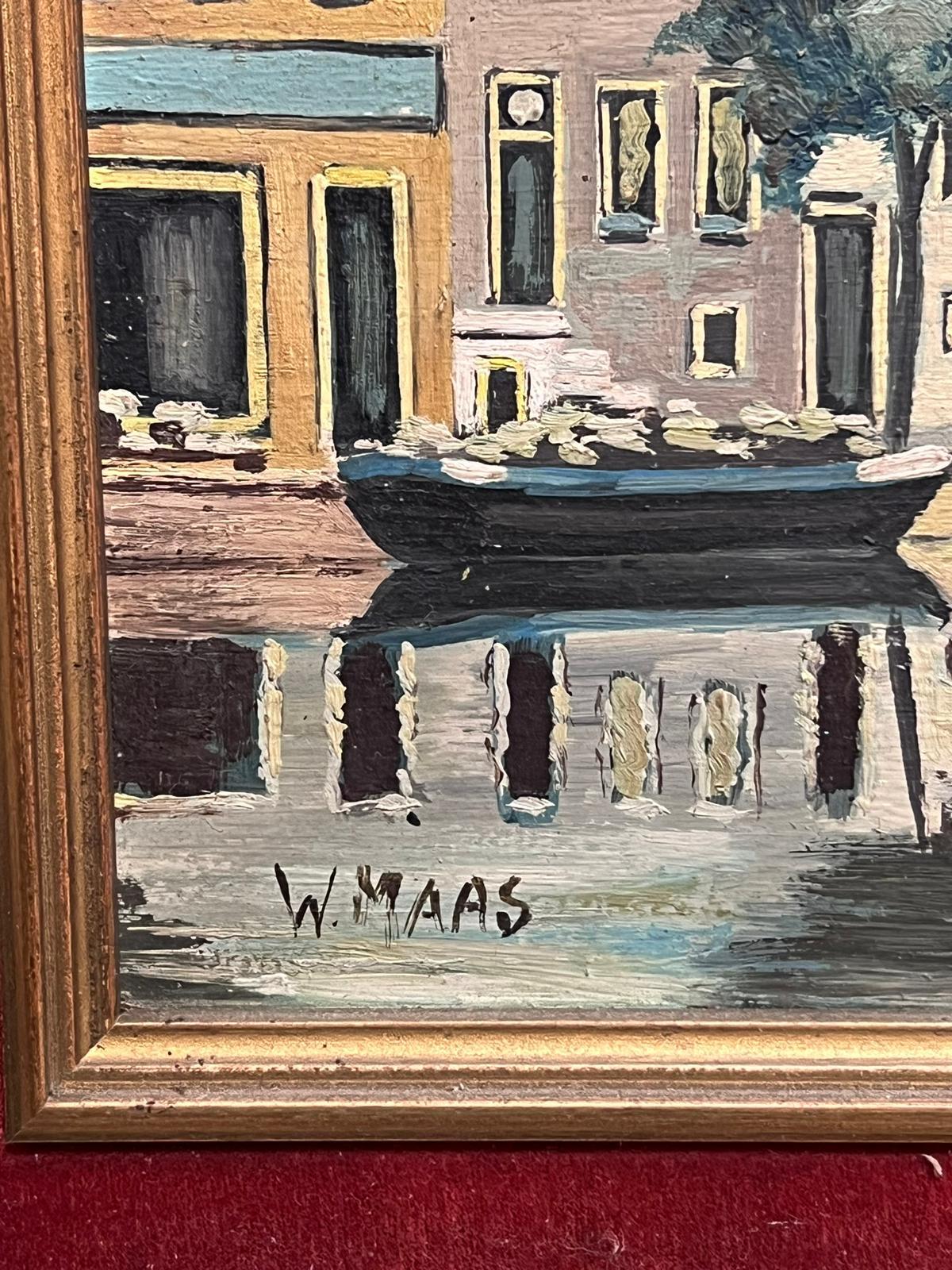 Canal View in Amsterdam Tranquil Cityscape Niederländische Schule, signiertes Ölgemälde im Angebot 1