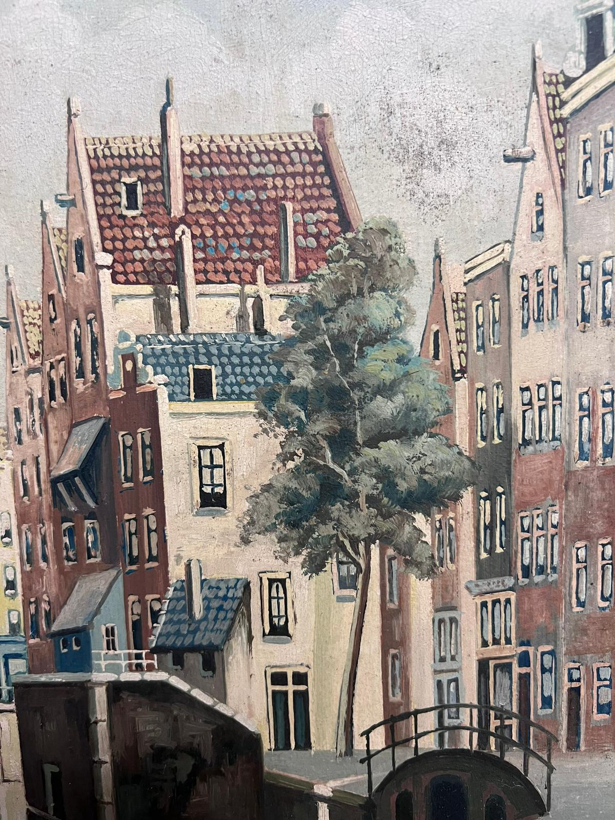 Canal View in Amsterdam Tranquil Cityscape Niederländische Schule, signiertes Ölgemälde im Angebot 1