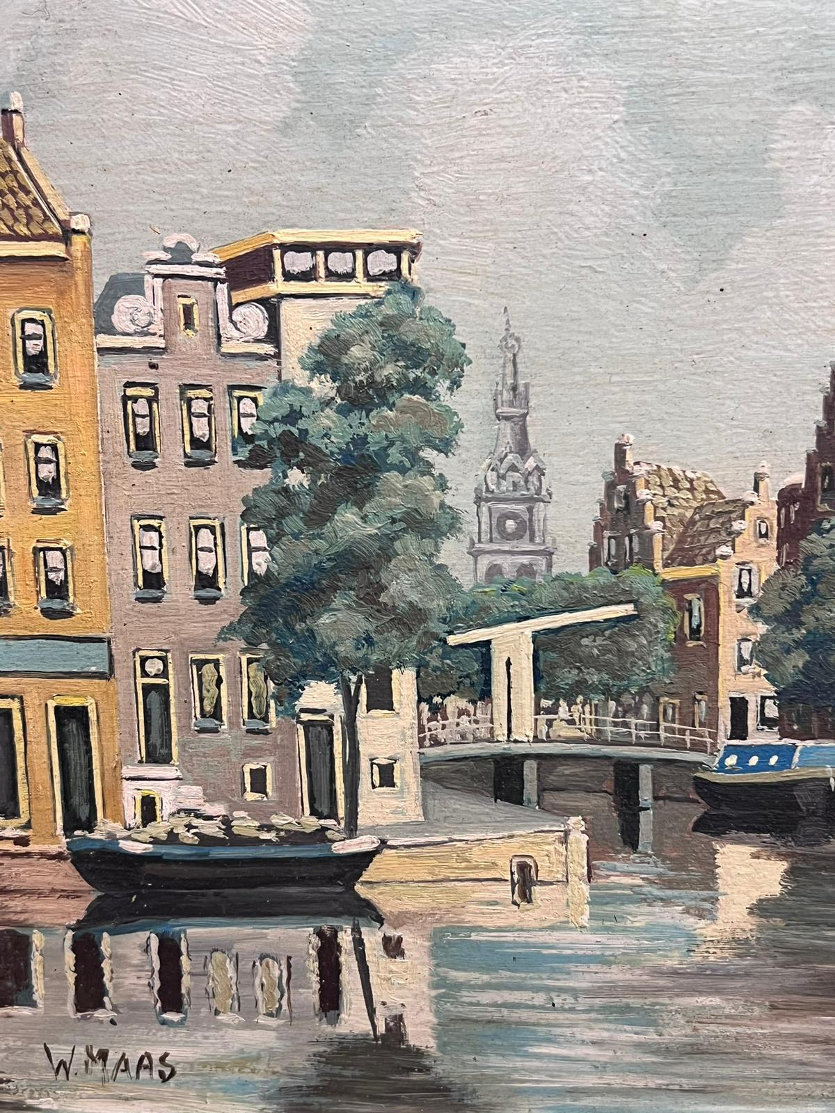 Canal View in Amsterdam Tranquil Cityscape Niederländische Schule, signiertes Ölgemälde im Angebot 2