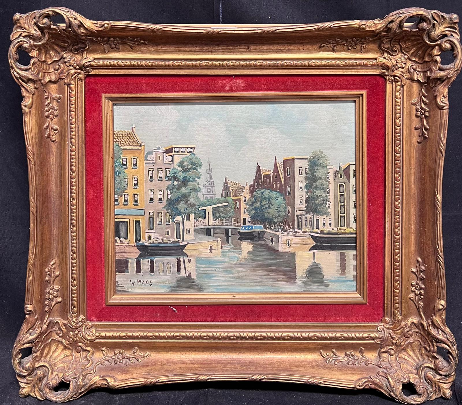 Vista del canale ad Amsterdam Tranquillo paesaggio urbano Scuola olandese firmata Pittura ad olio
