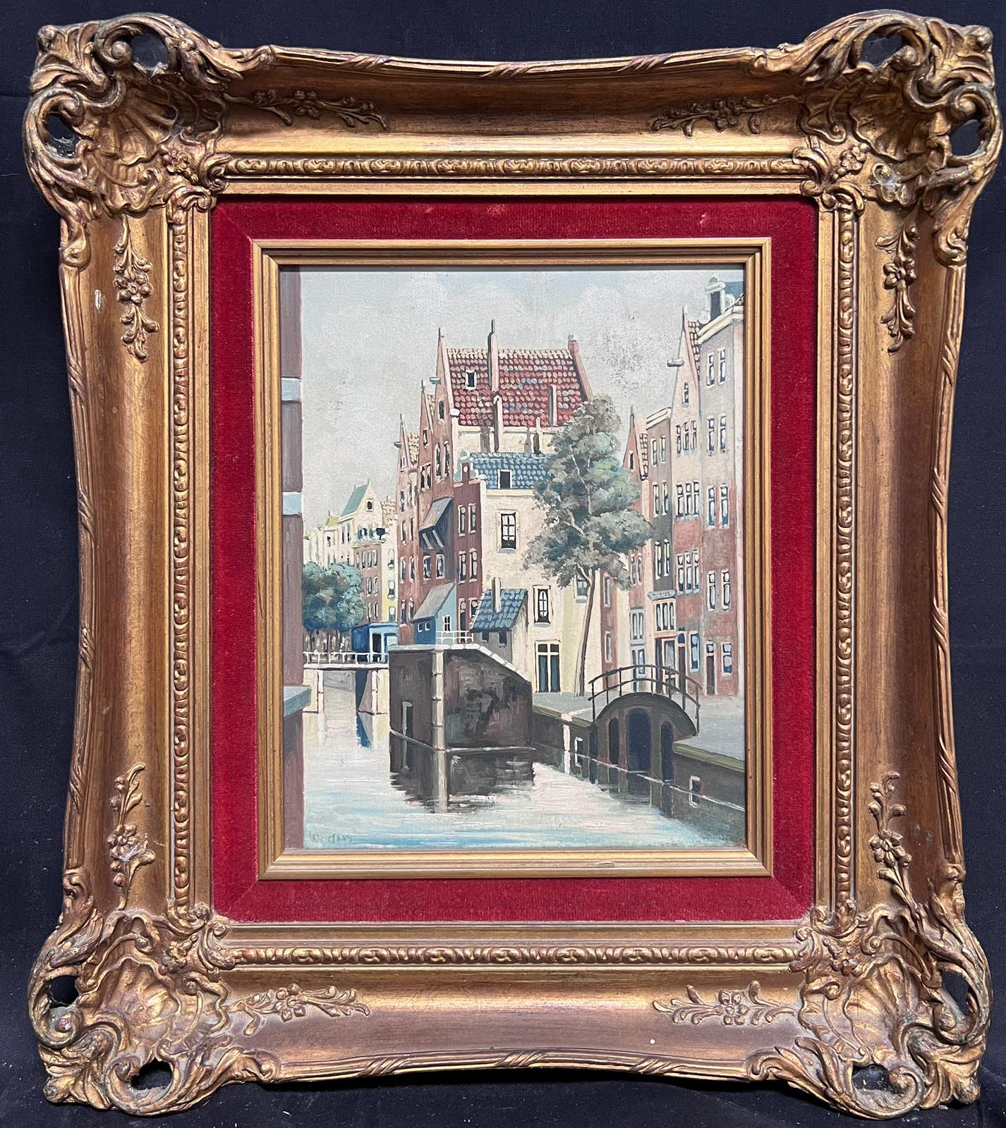 Canal View in Amsterdam Tranquil Cityscape Dutch School Signed Oil Painting