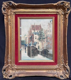 Canal View in Amsterdam Tranquil Cityscape Dutch School Signed Oil Painting