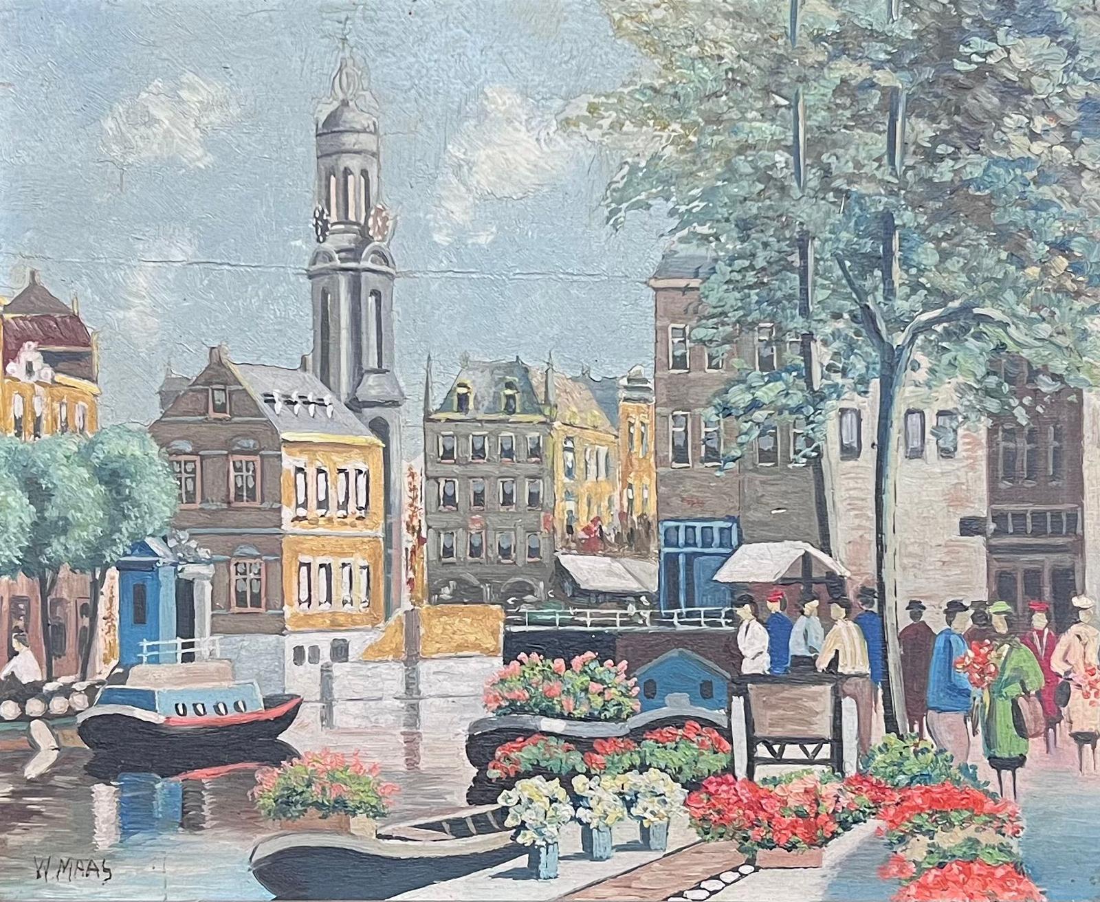 Vibrant Spring Market Day by the Canal in Amsterdam Oil Painting Signed Painting - Brown Figurative Painting by W. Maas