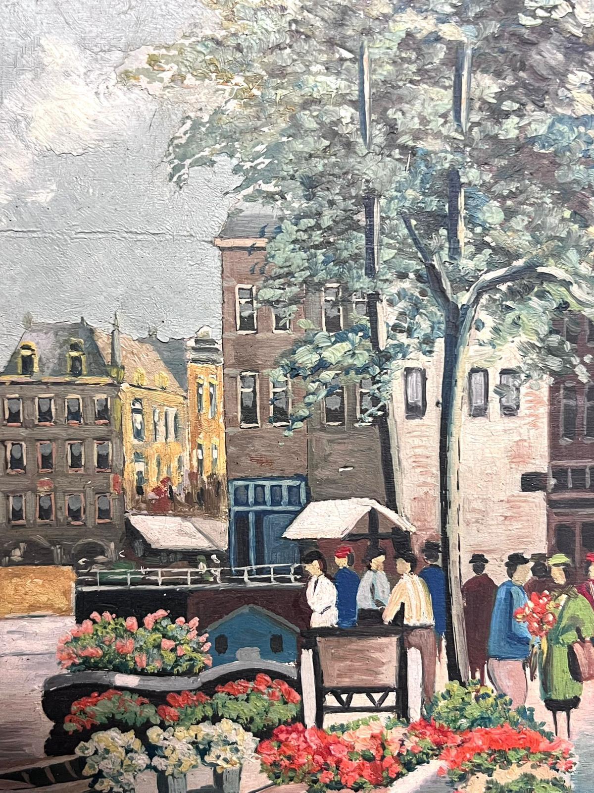 Vibrant Spring Market Day by the Canal in Amsterdam Oil Painting Signed Painting 1