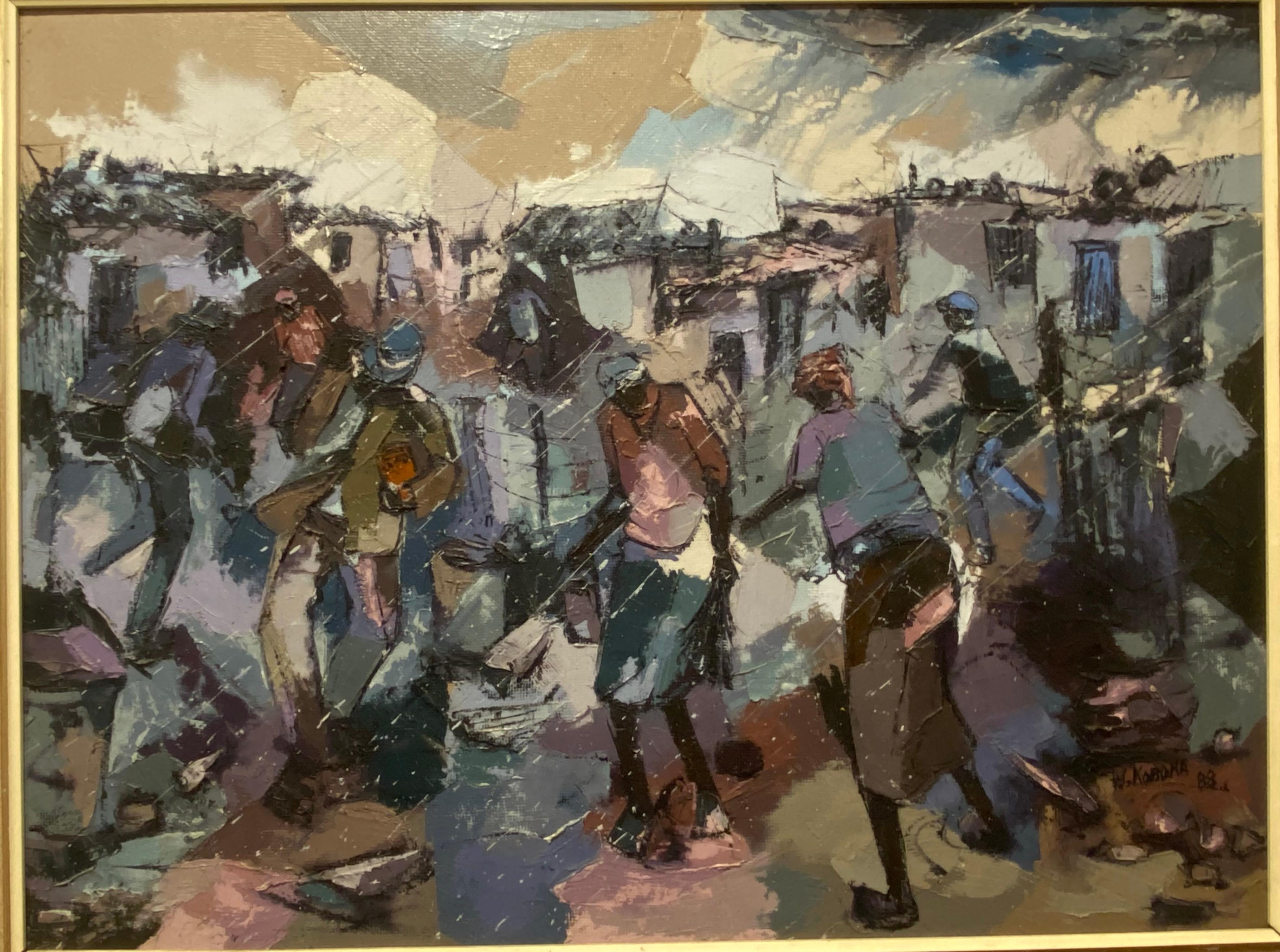 W. Mandla Koboka (South African) - Soweto Township - Oil on Canvas Painting In Excellent Condition For Sale In MELBOURNE, AU