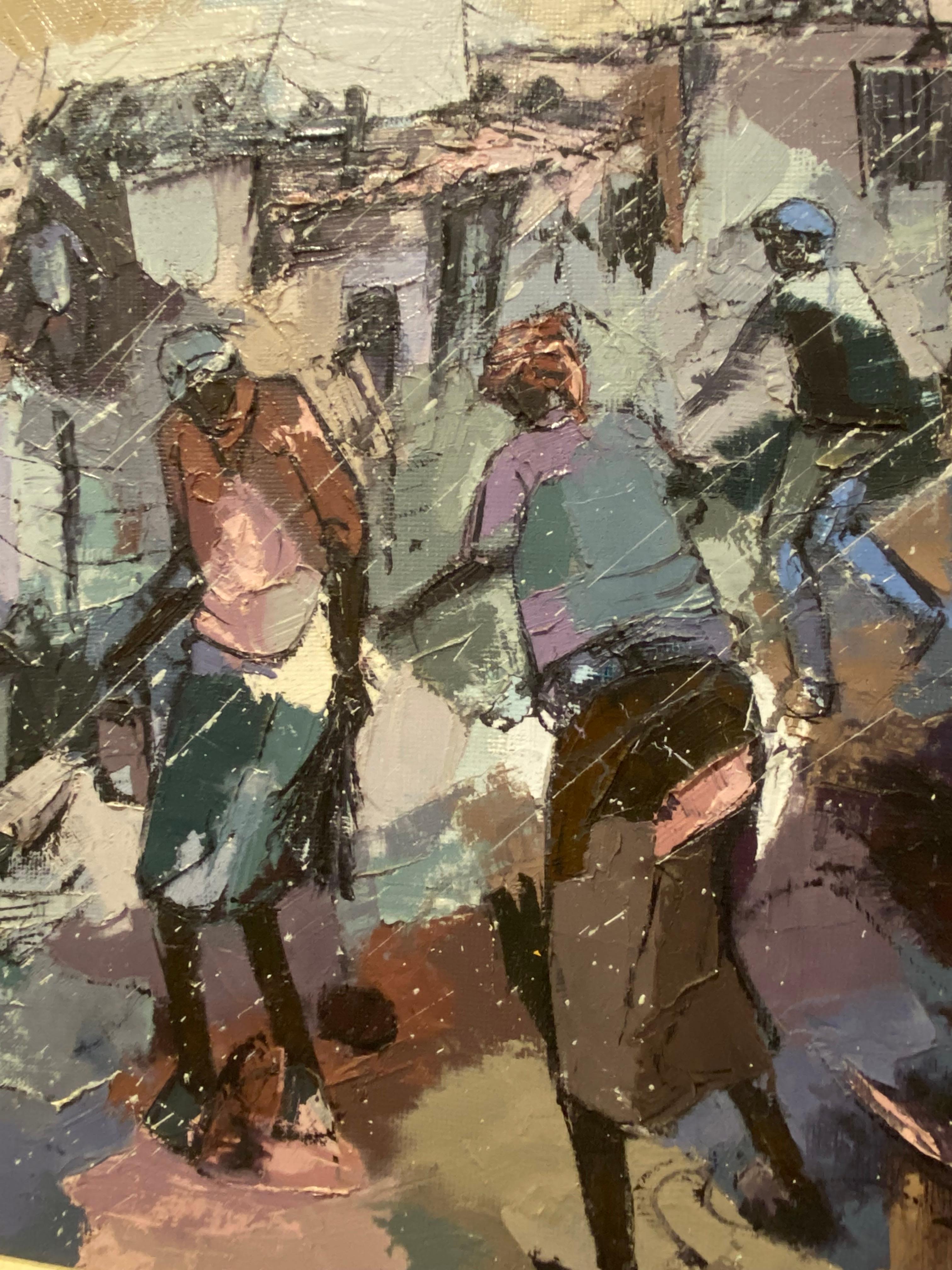 W. Mandla Koboka (South African) - Soweto Township - Oil on Canvas Painting For Sale 1