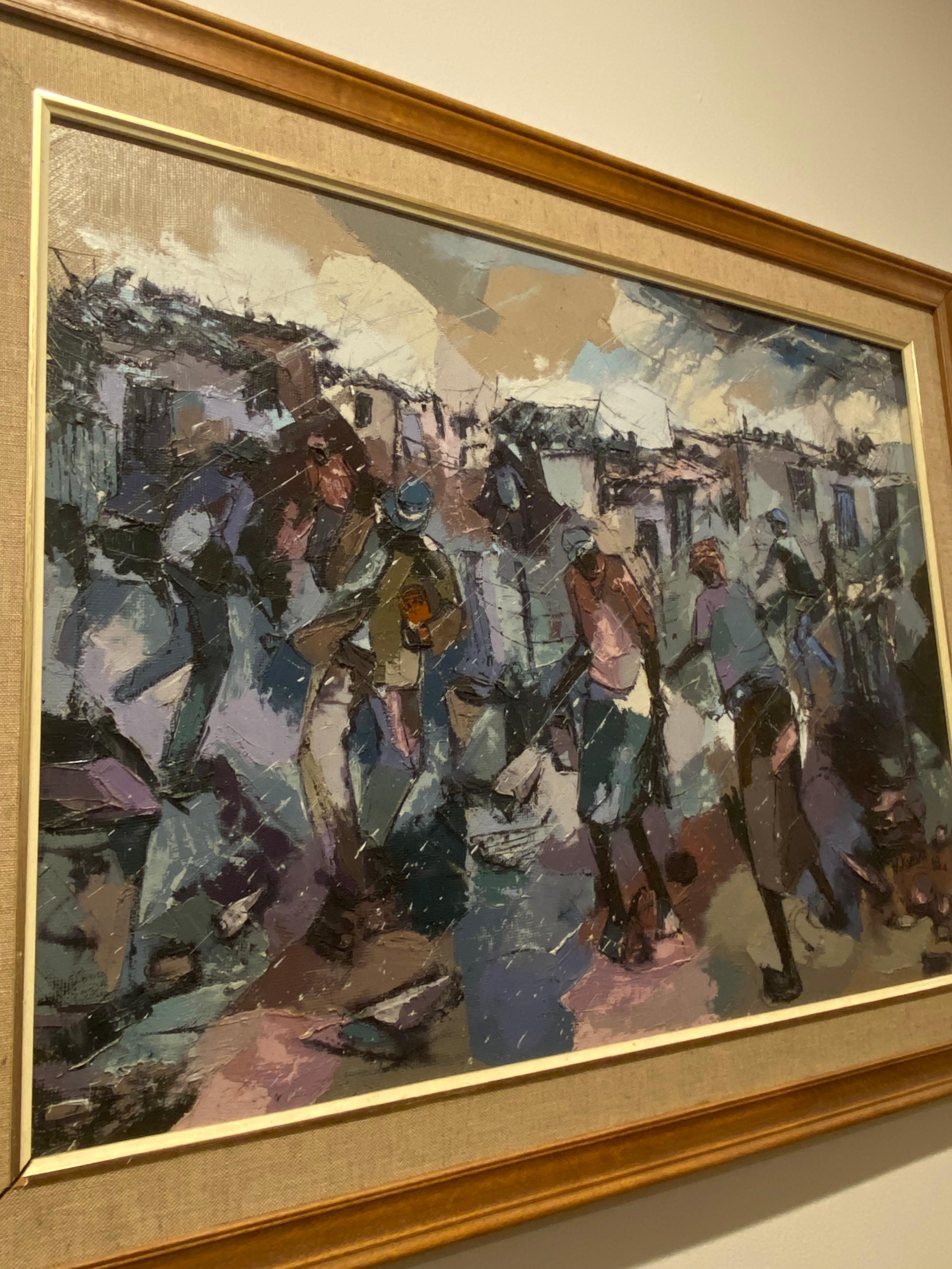 W. Mandla Koboka (South African) - Soweto Township - Oil on Canvas Painting For Sale 3