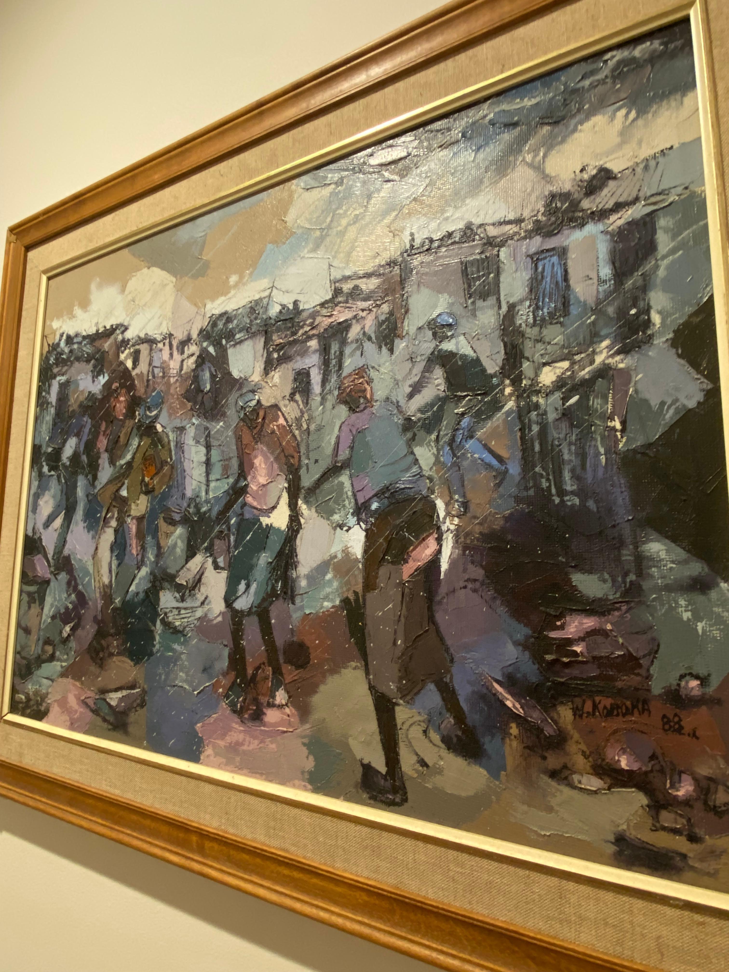 W. Mandla Koboka (South African) - Soweto Township - Oil on Canvas Painting For Sale 4