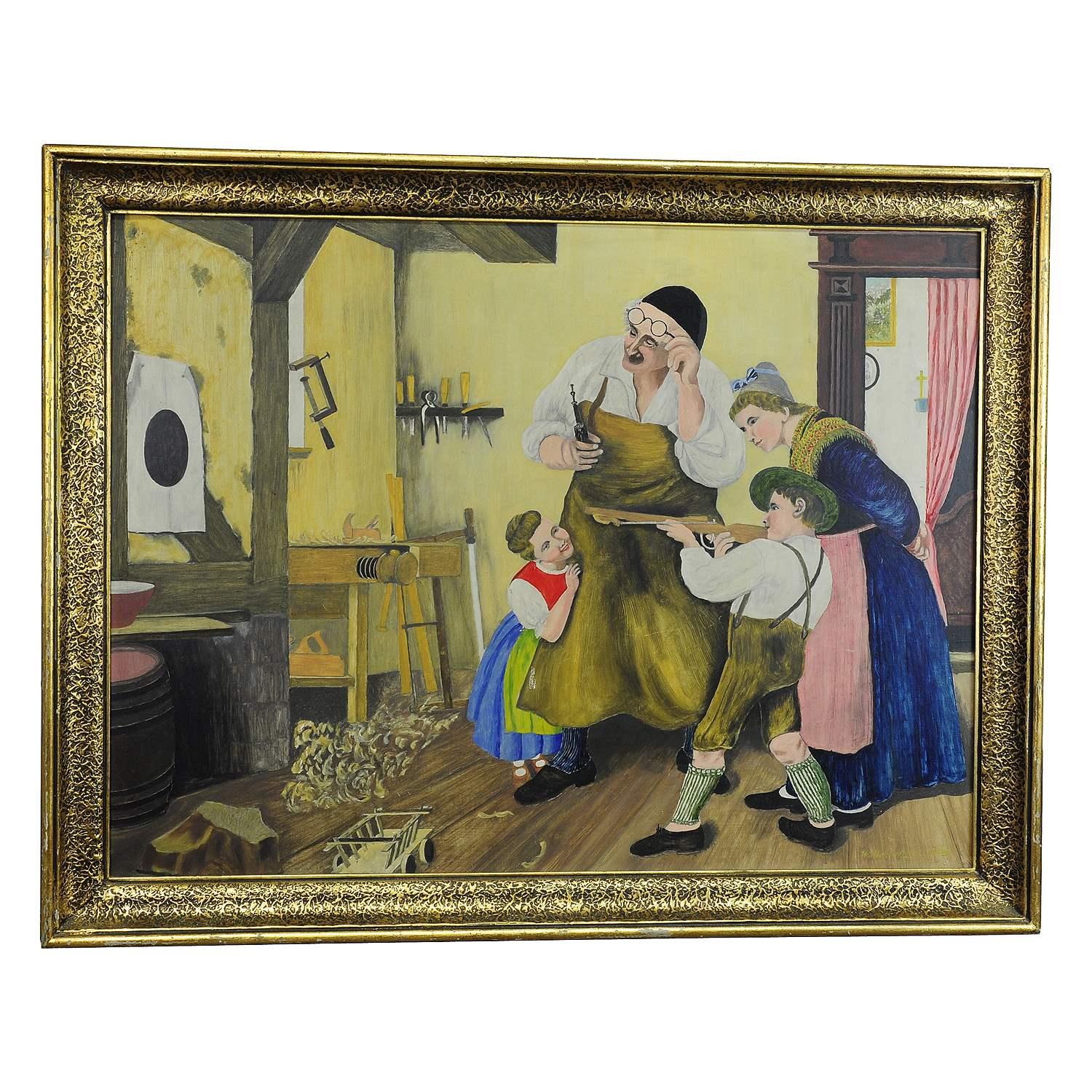 W. Melchinger - Bavarian Folksy Scene in Joinery 1956

An original vintage oil painting showing a Bavarian folksy family scene in the joinery. Painted in oil on cardboard, signed by W. Melchinger 1956. A great original painting in naive
