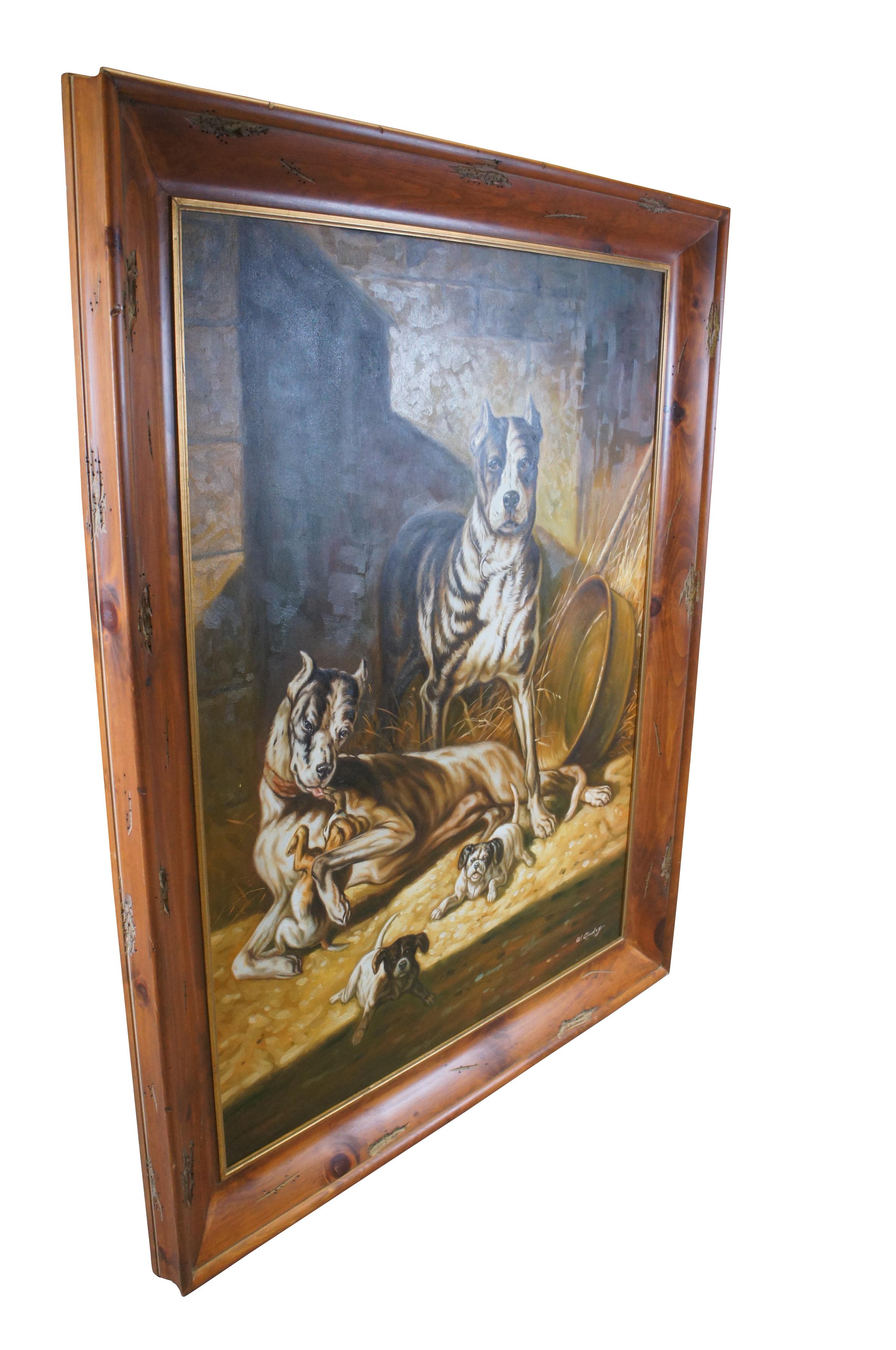 Large vintage W Oudry oil painting on canvas featuring an anthropomorphic Bulldog couple with their young puppies.  This piece was privately commissioned circa late 20th century.  Framed in cherry pine frame with gold accents.  W. Oudry (20th